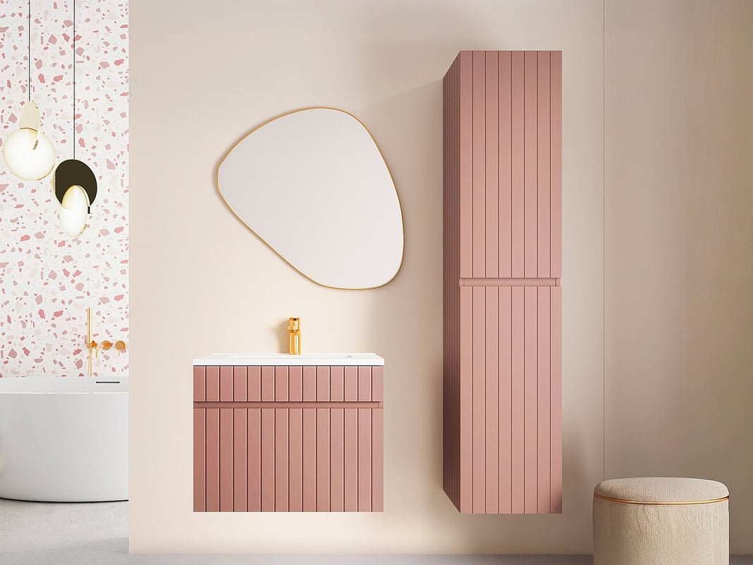 Wisząca szafka łazienkowa w kolorze różowym z prążkowaną fakturą, z wpuszczaną umywalką i słupkiem – 60 cm – SATARA