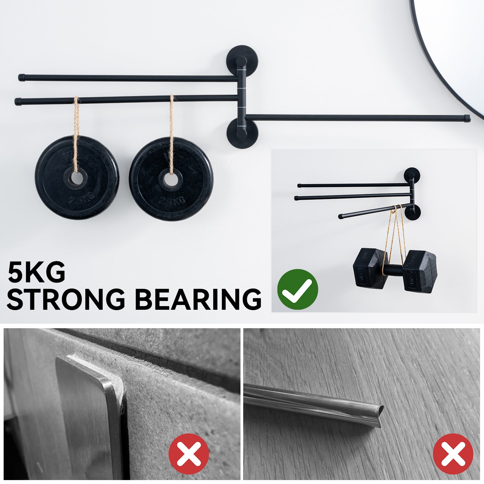 Auralum max Porte-serviettes pivotant à 3 bras,acier inoxydable pour salle bain,porte-serviettes mural peu encombrant,rotation à 180°(Noir) - 4