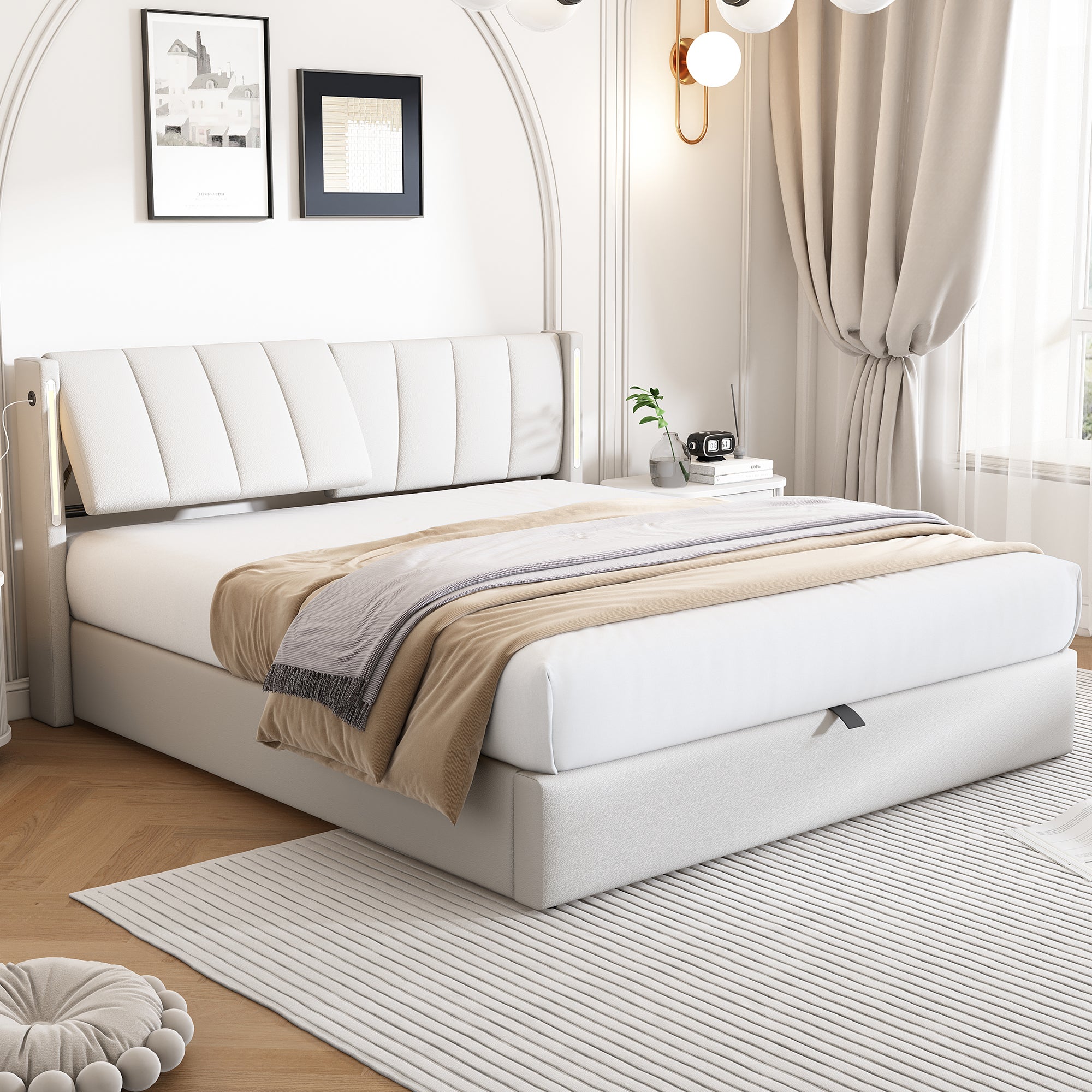 Letto Matrimoniale Imbottito 160x200 Cm Con LED RGB, Prese USB, 4 Cassetti Contenitore E Rete A Doghe – Beige Lino