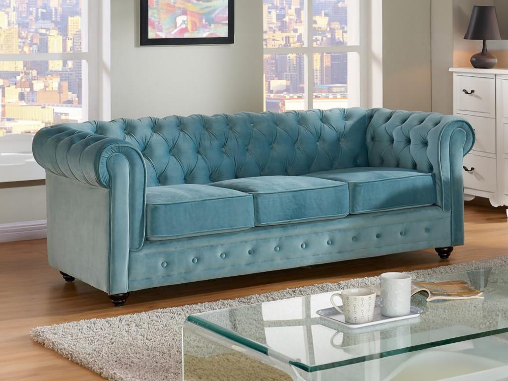 Divano CHESTERFIELD posti in velluto Azzurro pastello Leroy Merlin