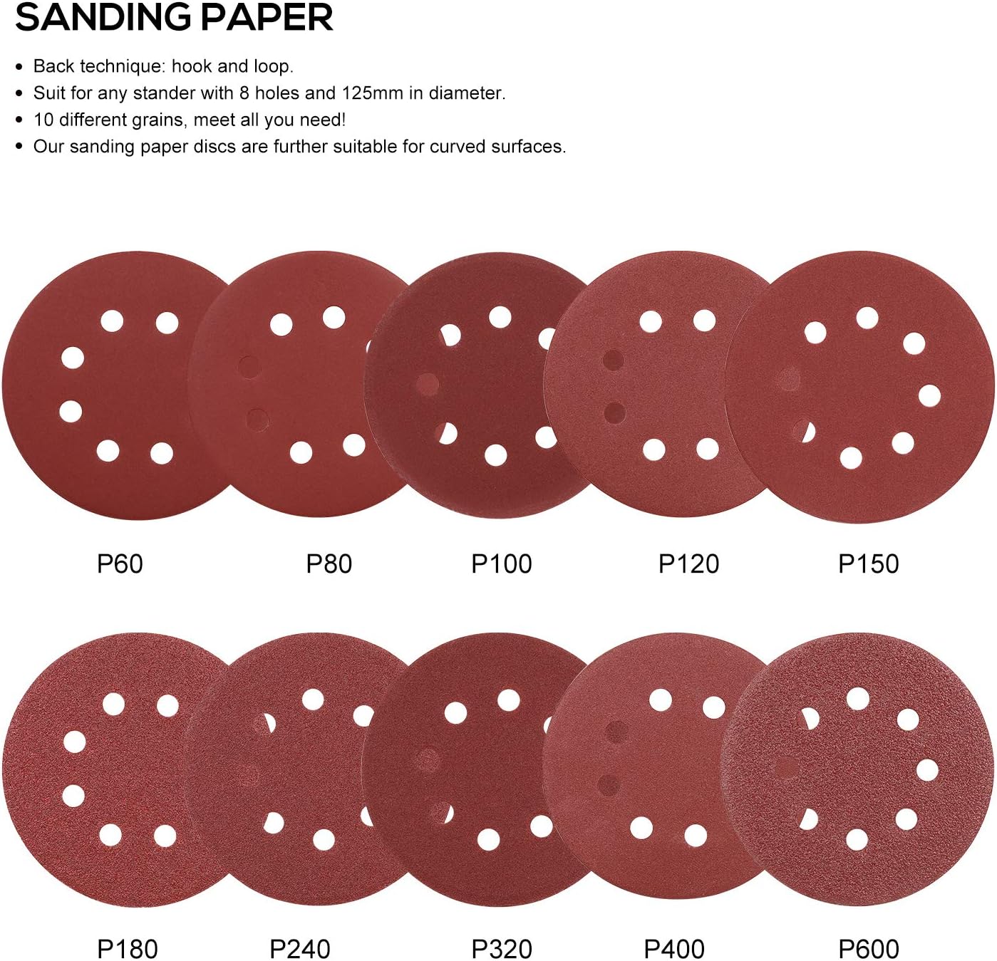 Papier abrasif, Disques de Ponçage, 100Pcs Disques de 125mm, 10 Feuilles par Grain, Pads pour Ponceuse Excentrique, pour Outil Multifonction - 3