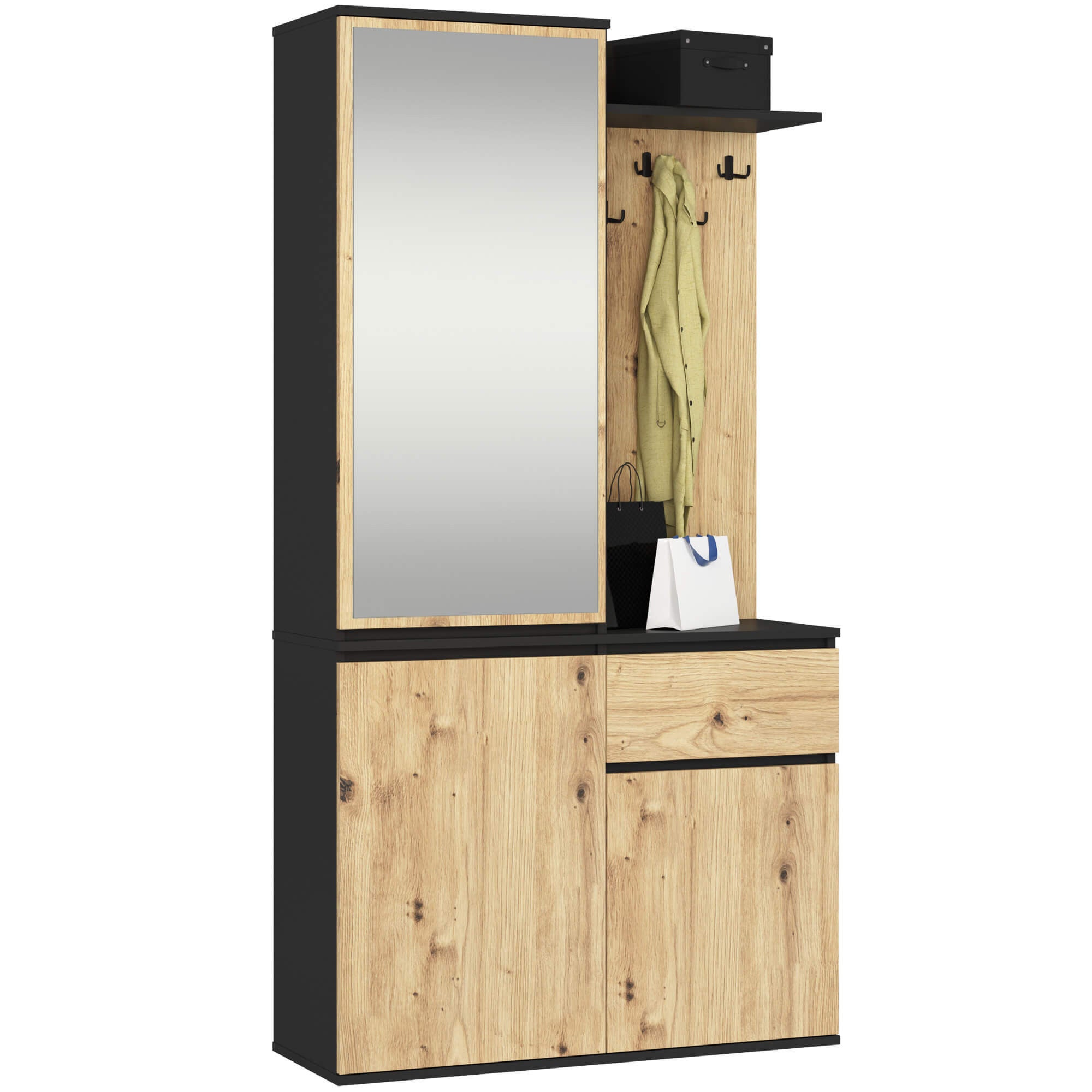 Zestaw do przedpokoju z lustrem AKORD ENTRO Czarny, Dąb Artisan 95 cm 1 szuflada 3 drzwi 7 półek 95x35x183 cm