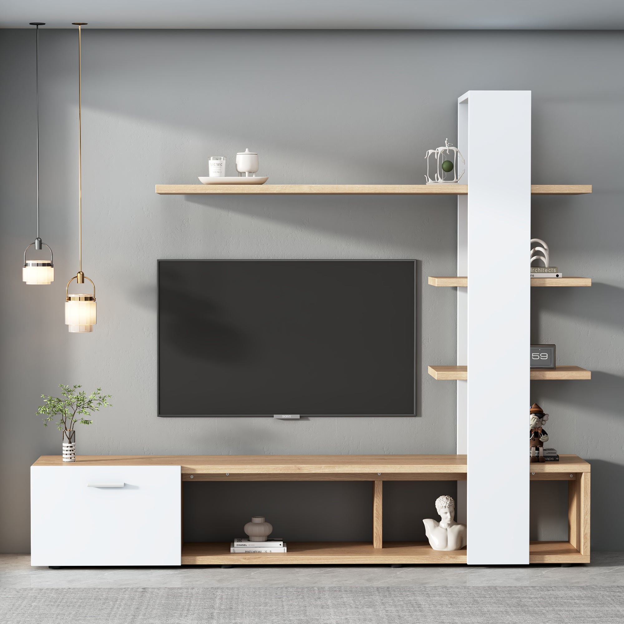 Szafka RTV z 1 drzwiami i półkami ściennymi - 180 x 33,5 x 151,5 cm - Płyta wiórowa - Kolor biały i naturalny