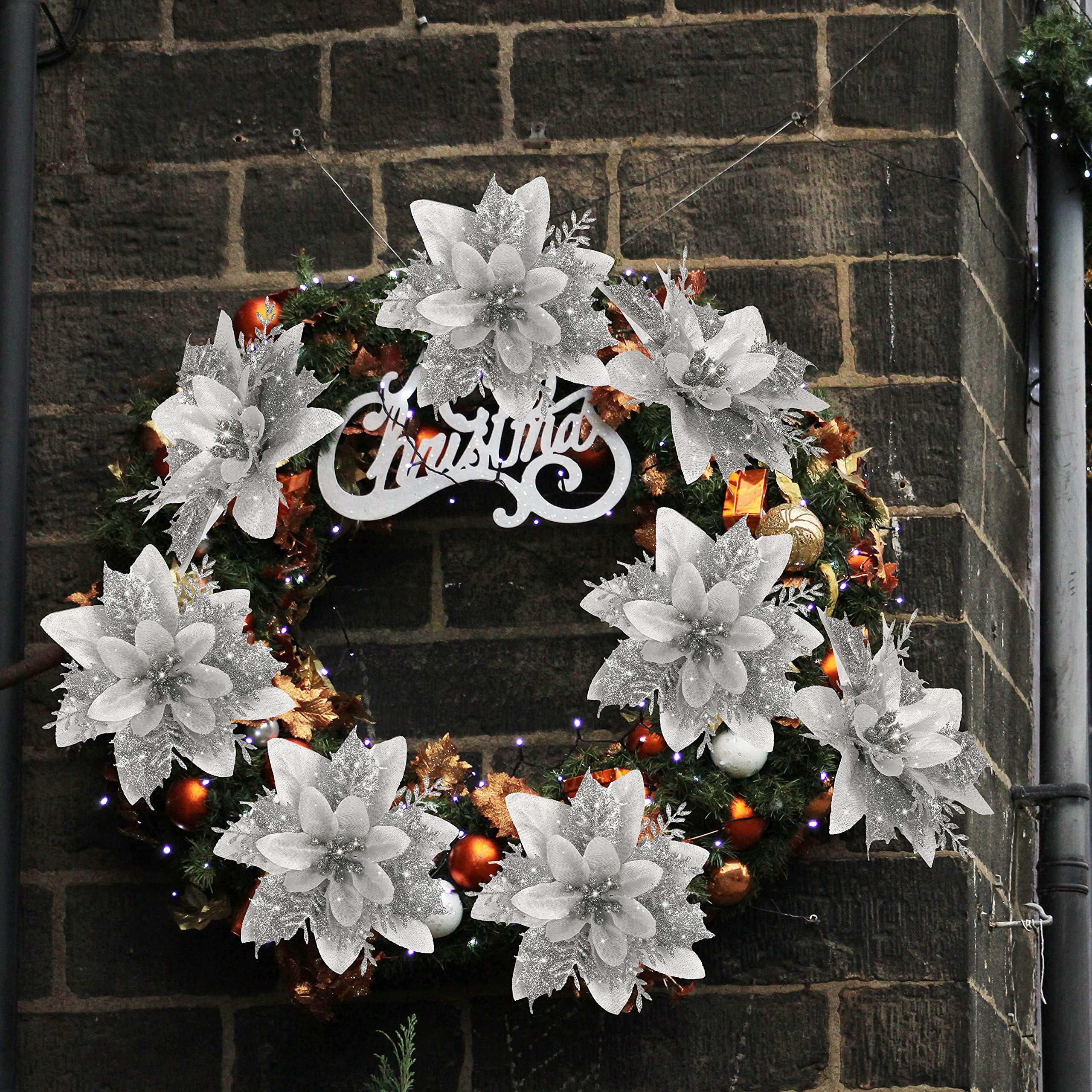 10 pièces décorations de noël, fleurs de noël artificielles avec clips, guirlande d'arbre de noël scintillante pendentifs de fleurs artificielles - 7