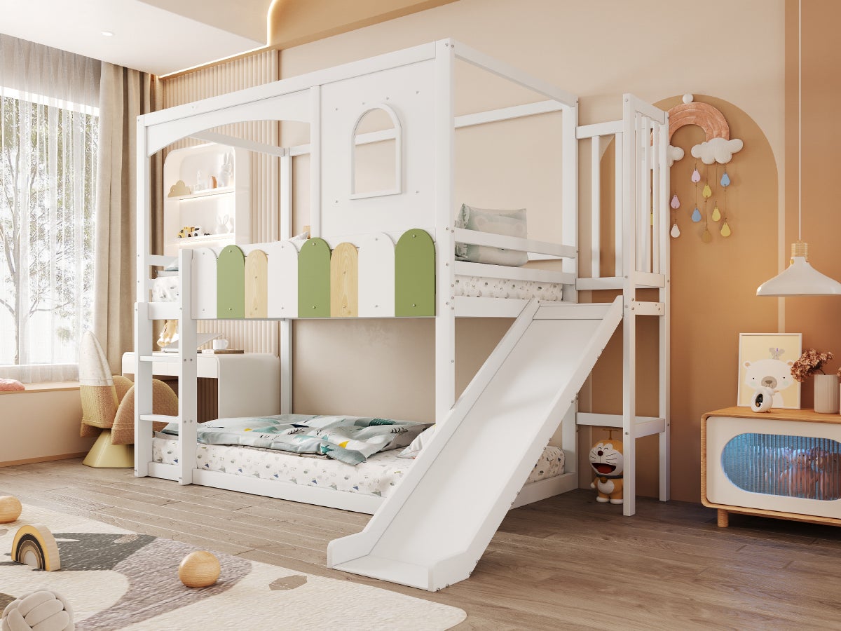 Łóżka piętrowe 2 x 90 x 200 cm ze zjeżdżalnią, barierkami i oknem - sosna + sklejka + płyta MDF - białe (materace nie są wliczone w cenę) - 5