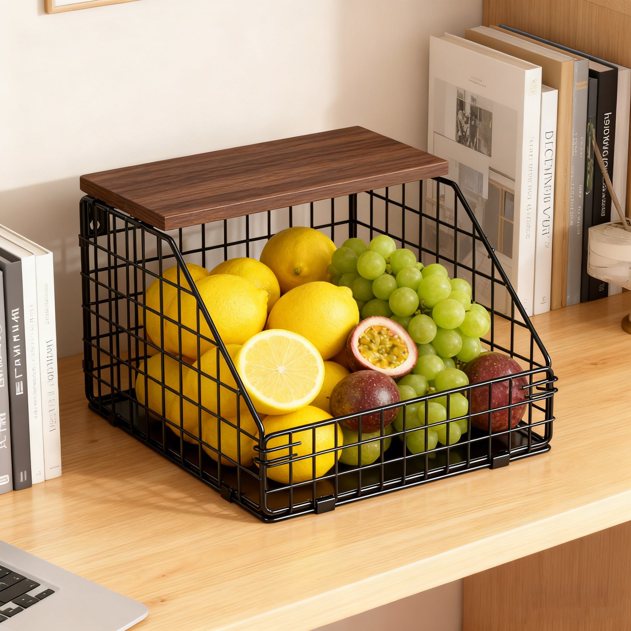 Cesti frutta impilabili con coperchio in legno, cesto a muro con 2 ganci per cucina, organizzatore salvaspazio per il banco cucina - 9