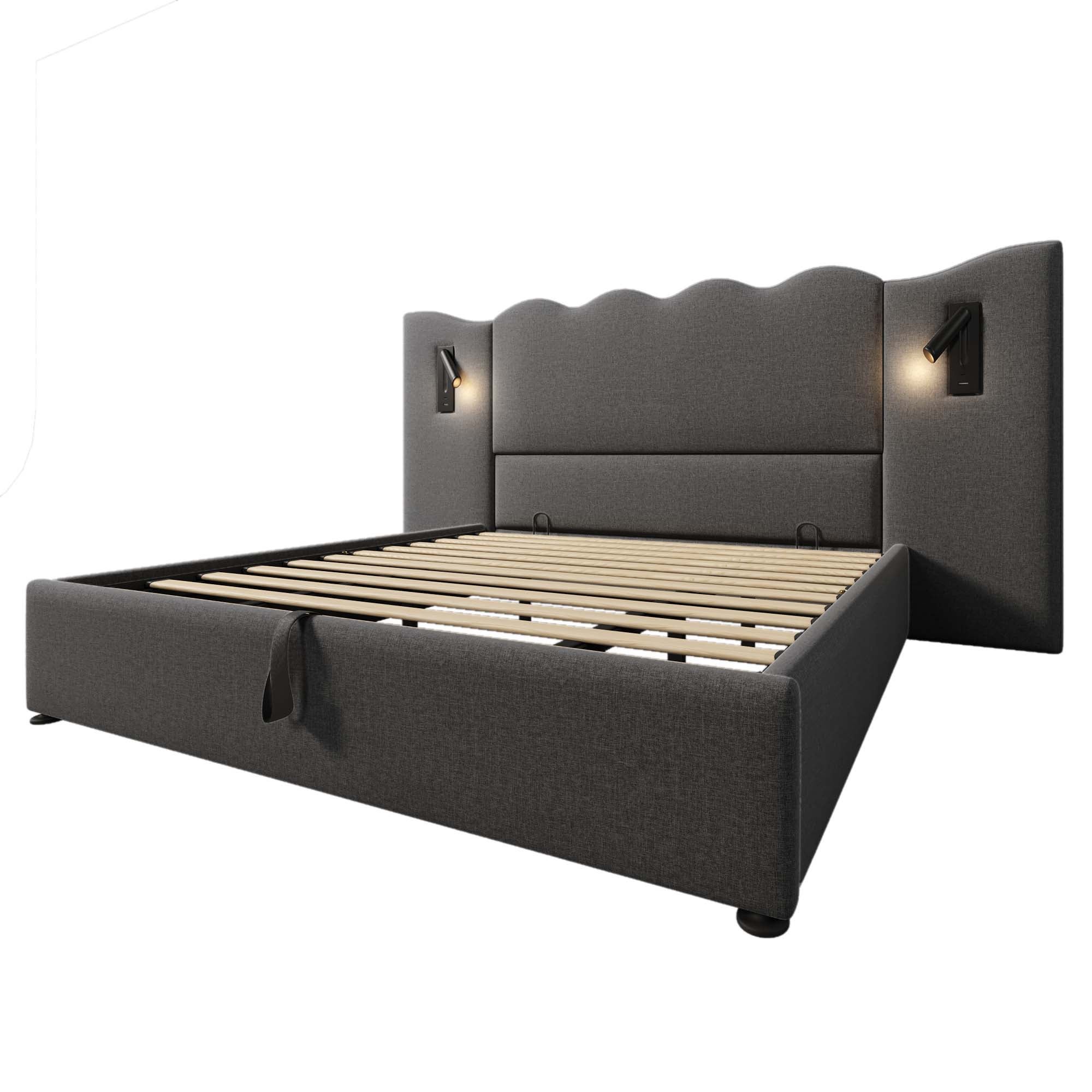Lit double rembourré 180×200 cm avec lampe de lecture et fonction de charge USB Type-C, bois massif et métal, gris, sans matelas - 7