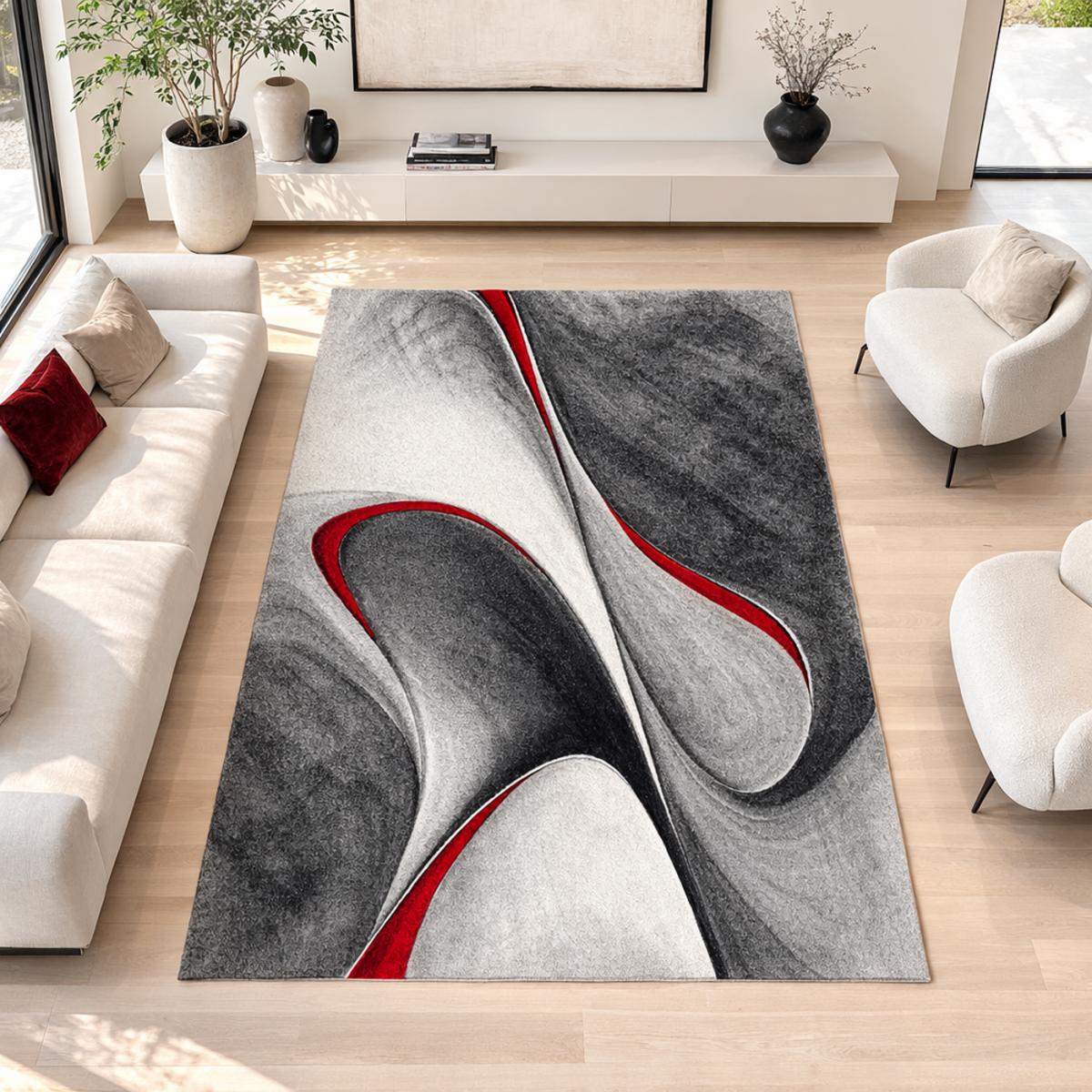 tapis salon 160x230 tissé rouge et gris rectangle motif géométrique LYN8 MADILA - 2