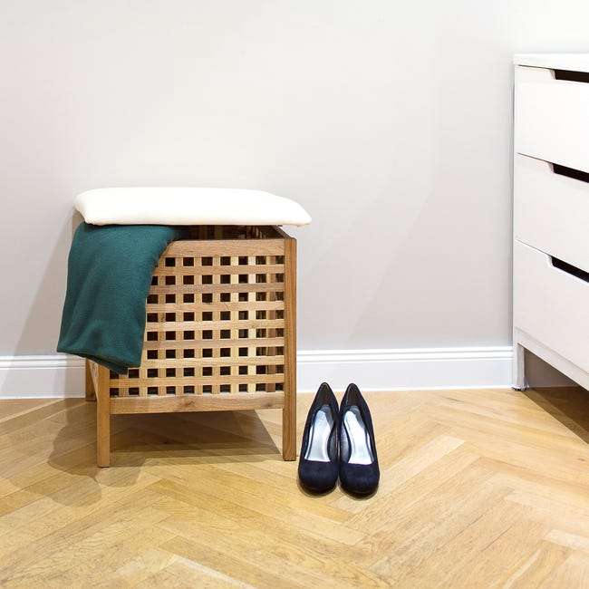 Pouf Contenitore Relaxdays In Bambù - Pieghevole, Imbottito, 35x35x35cm, Naturale/Bianco - Foto 8