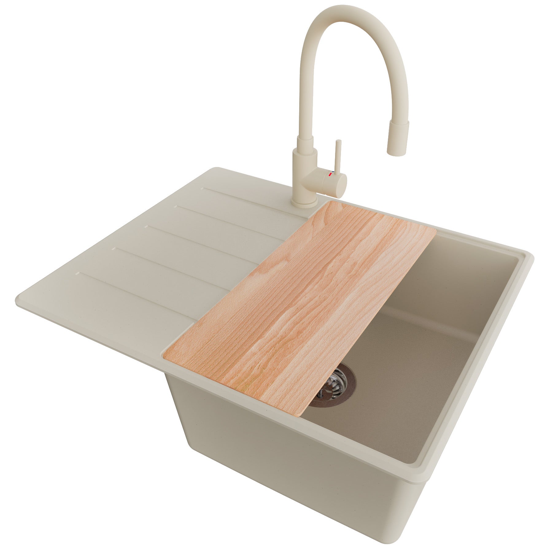 Zlewozmywak Granitowy Beżowy 62x50cm, Zlew Kuchenny 1 Komorowy + Bateria 38x14cm + Syfon + Deska, Nablatowy do szafki od 45cm - Kopenhaga PRIMAGRAN