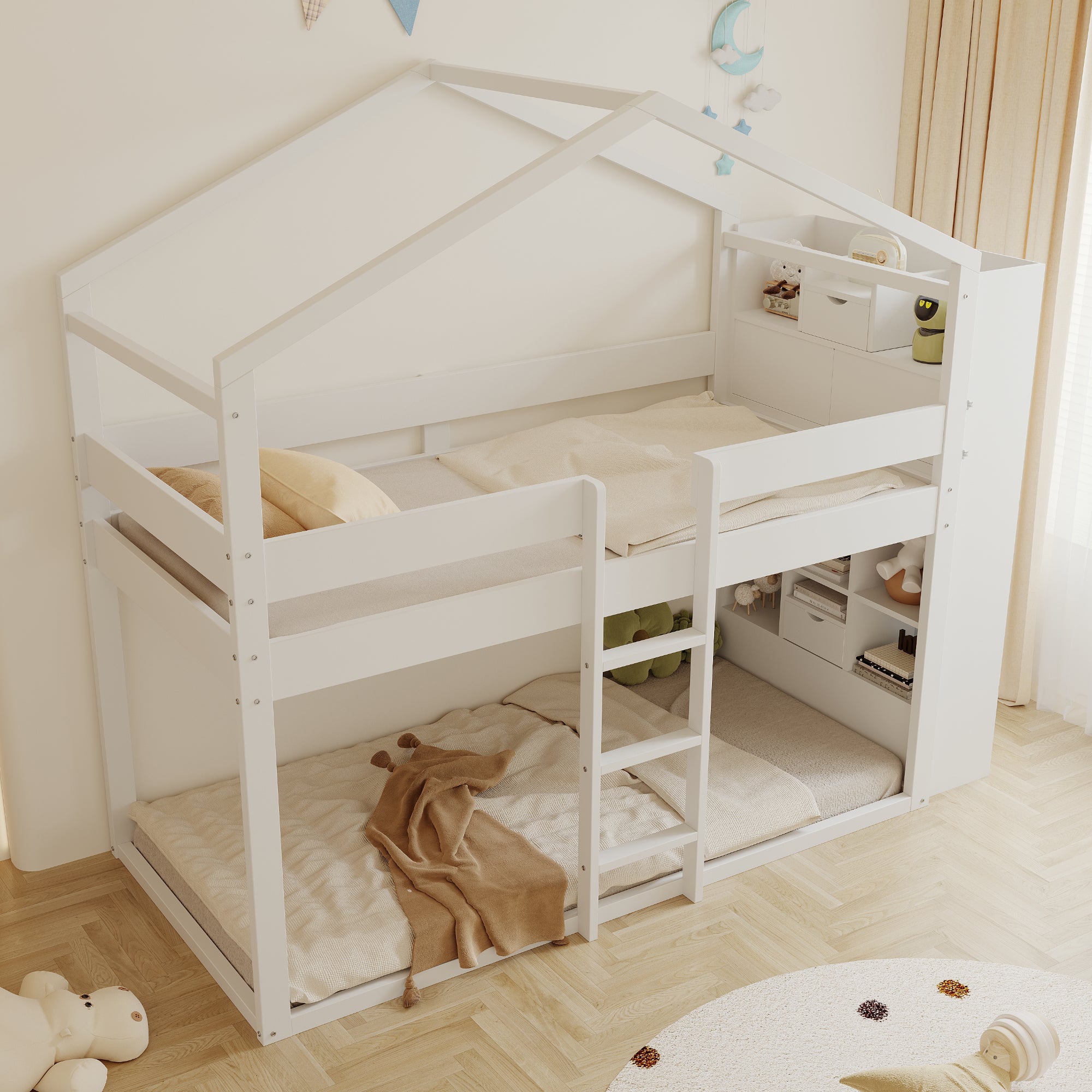 Łóżko piętrowe 90 x 200 cm z 2 szufladami, 2 drzwiami i przegródkami - Sosna + sklejka + MDF - Białe (Materac nie jest wliczony w cenę) - 4