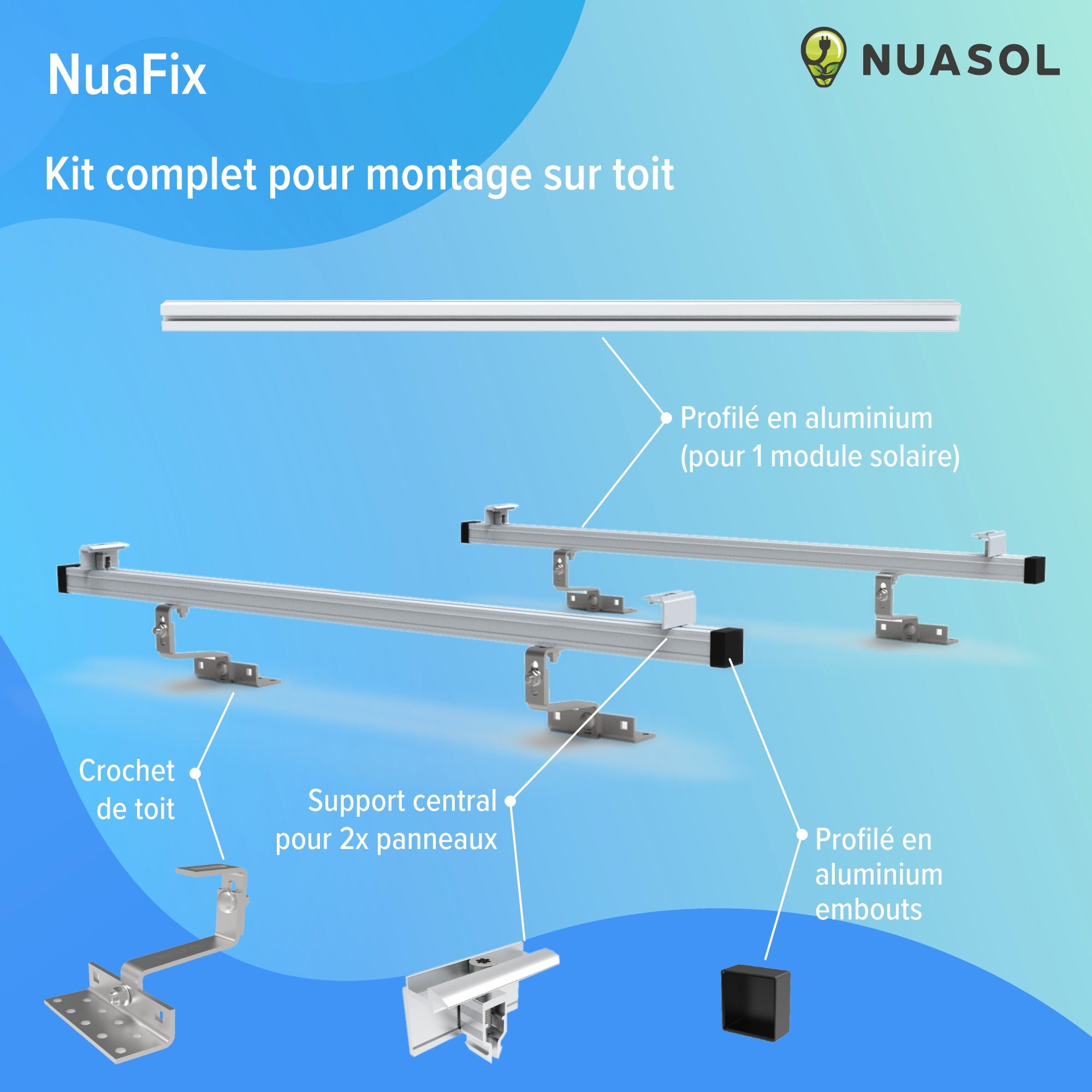 NUASOL Kit de montage photovoltaïque PV pour toit de tuile, crochets de toit, avec profilé solaire en aluminium, embouts de 35 mm - 3