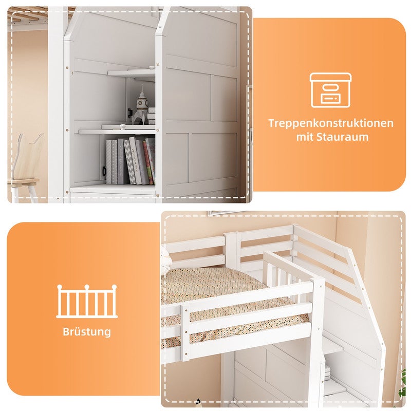 Lit mezzanine 90x200,Multifonctionnel Lit Superposé Enfant avec Escaliers de Rangement et Barrière,Lit Hauteur en bois ,Blanc - 7