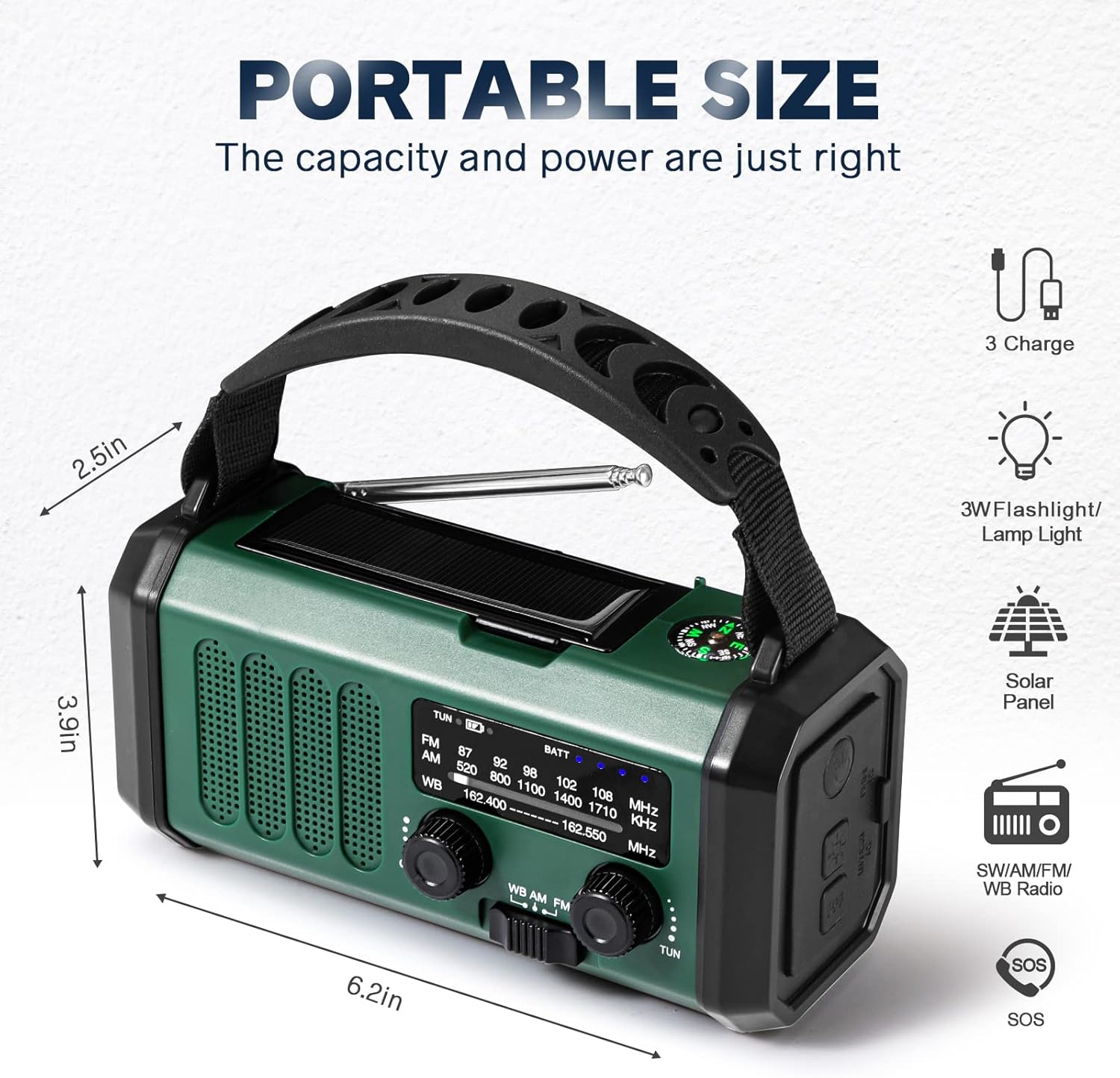 Radio z korbką ręczną 10000 mAh, zielone, zasilane energią słoneczną, awaryjne, pogodowe NOAA/AM/FM, z lampką LED do czytania, alarmem SOS, kompasem n - 5