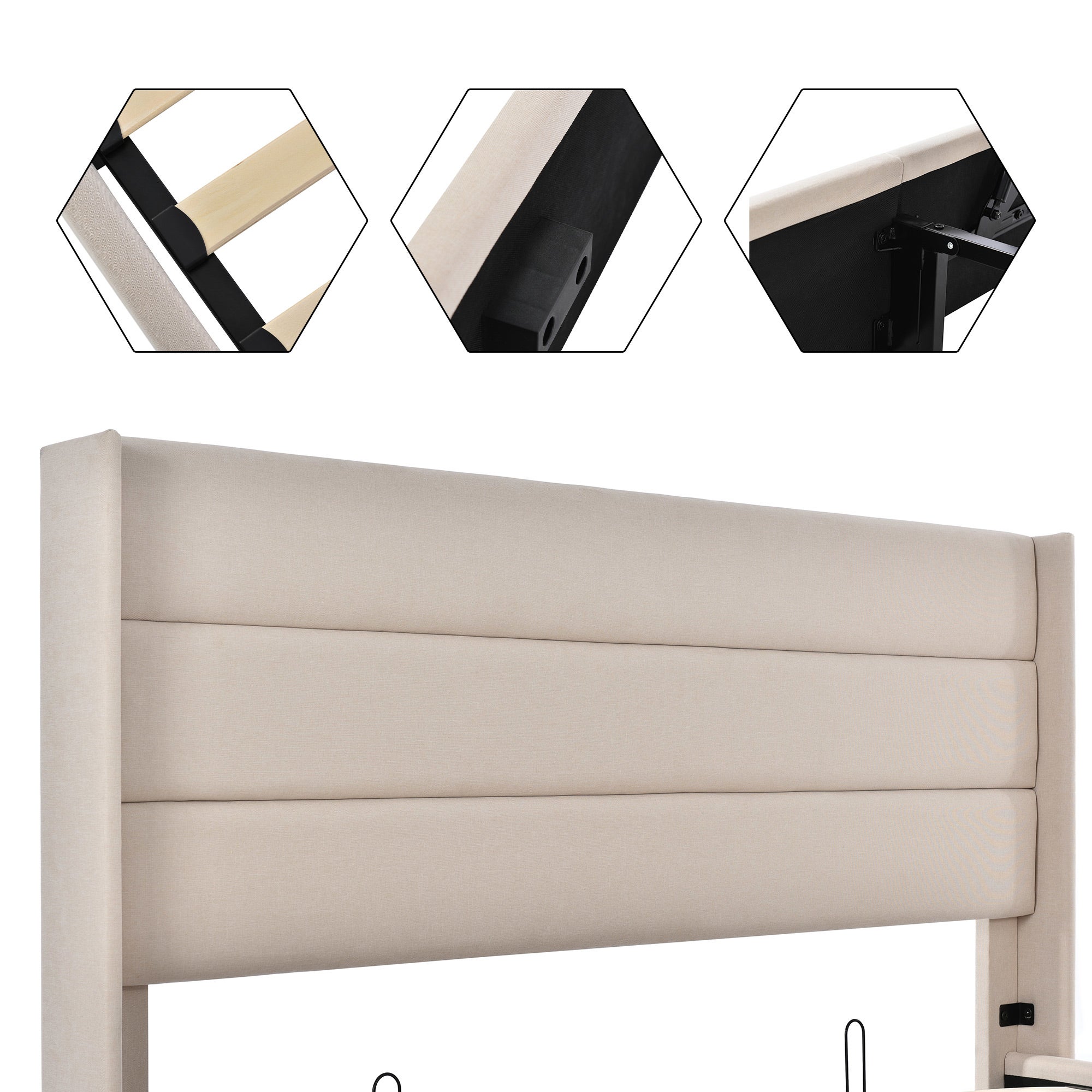 Lit Capitonné Double Coffre Hydraulique 160X200cm - Sommier À Lattes En Bois - Lit En Métal et Lin - Beige - 3