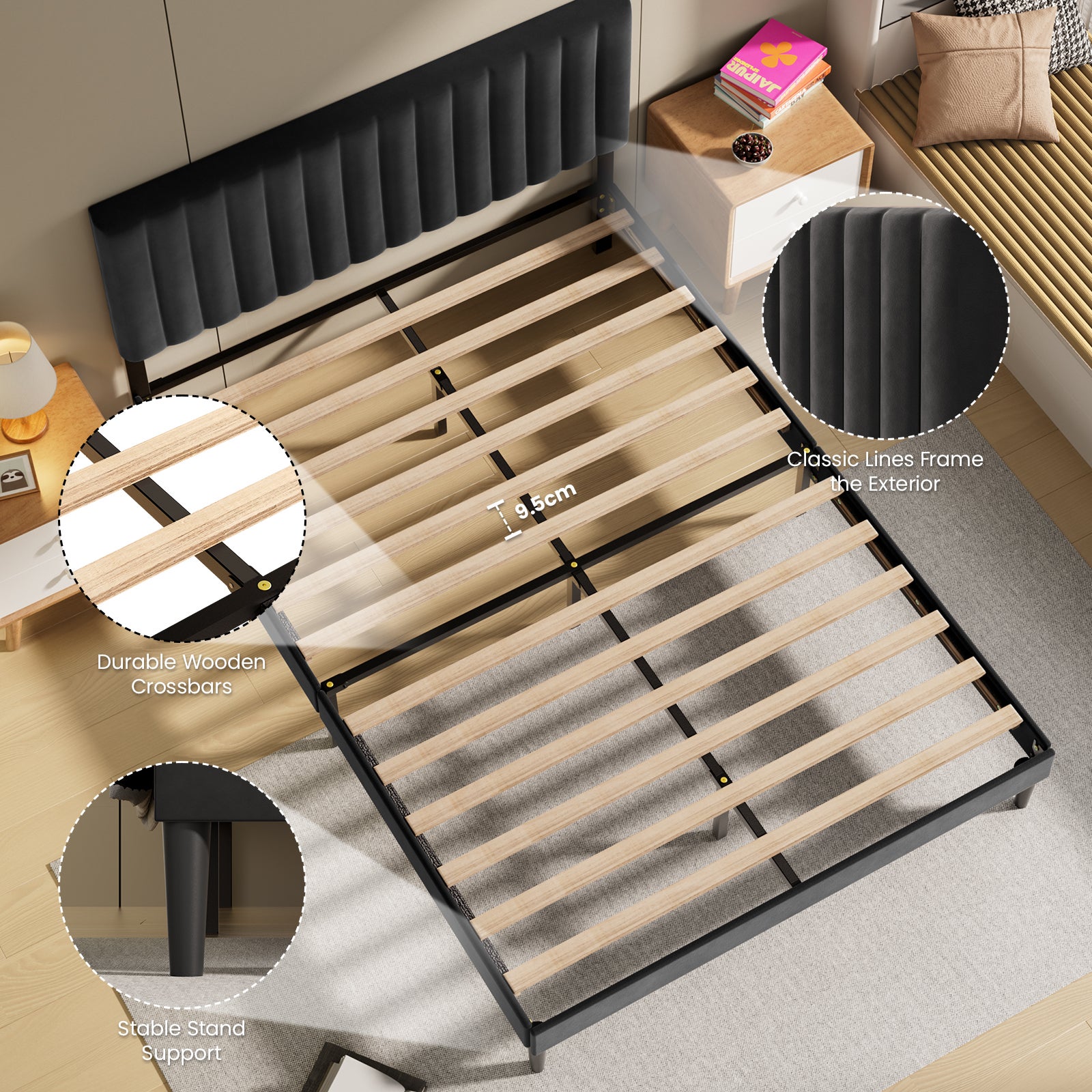 Estructura de cama 140x200 cm, 500 kg, espacio 22 cm, Cama doble, Estructura tapizada negra, somier plataforma, fácil montaje, silencioso, resistente - 2