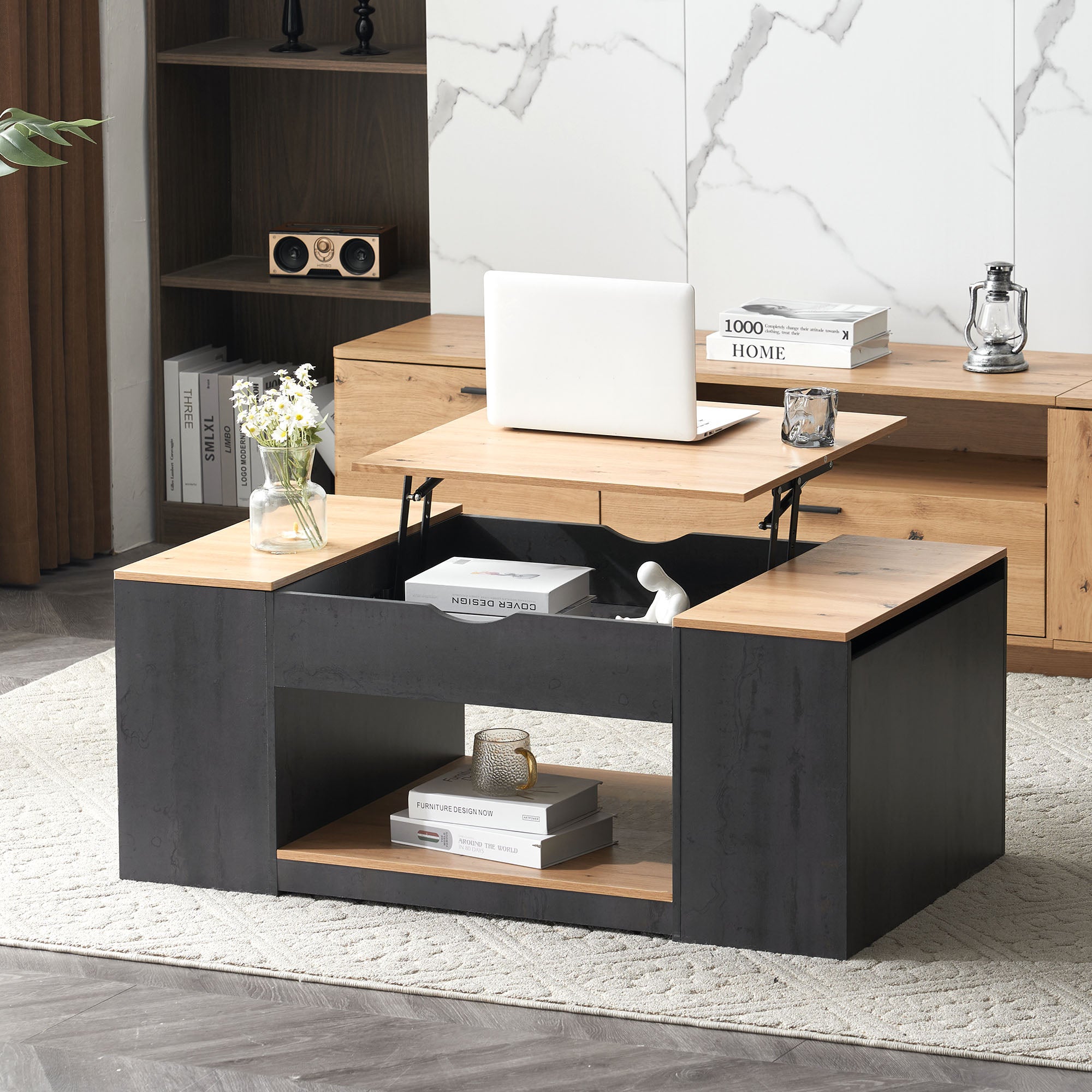 Table basse relevable en MDF - avec espace de rangement sous la table - gris - 5