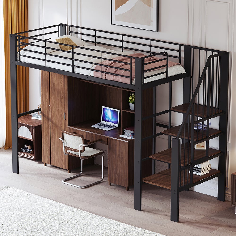 Lit mezzanine 90x200 avec structure métallique stable grand rangement sous lit et escalier pour enfants et adultes - 8