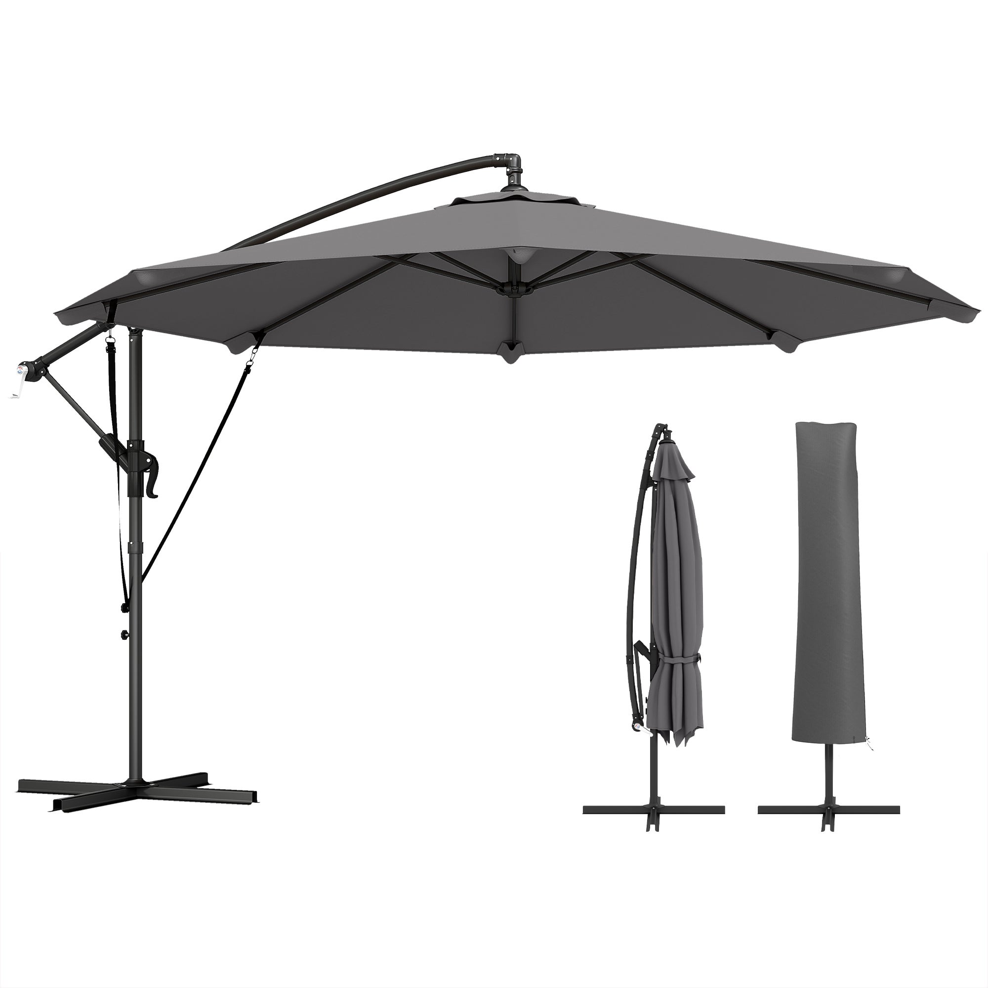 Parasol Déporté Parasol de Jardin Extérieur Double Cordes de Fixation et Housse de Protection Manivelle Gris Foncé - 2