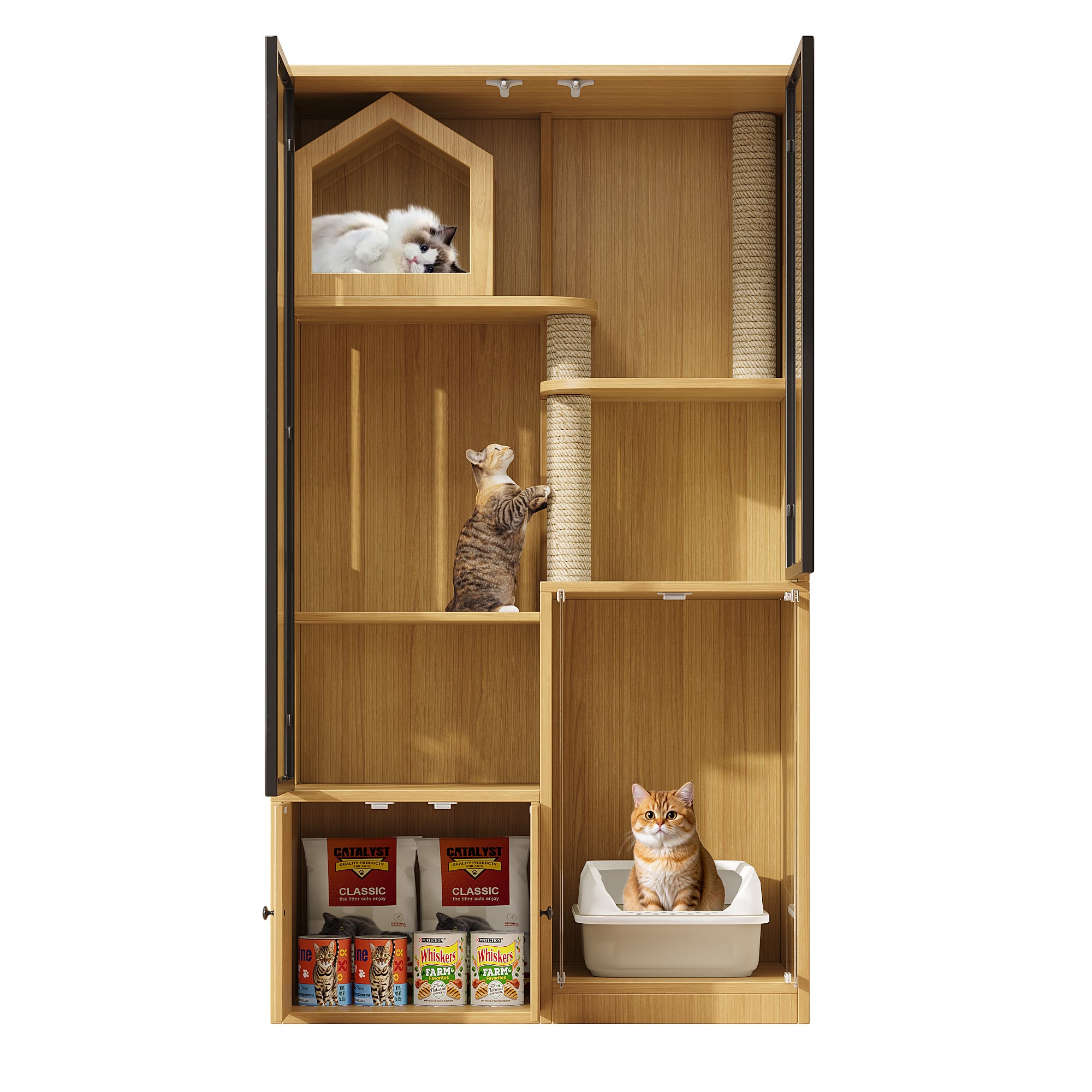 Cage pour chat 4 niveaux avec 4 portes et griffoir - 90 x 50 x 160 cm - MDF + verre - Couleur jaune - 7