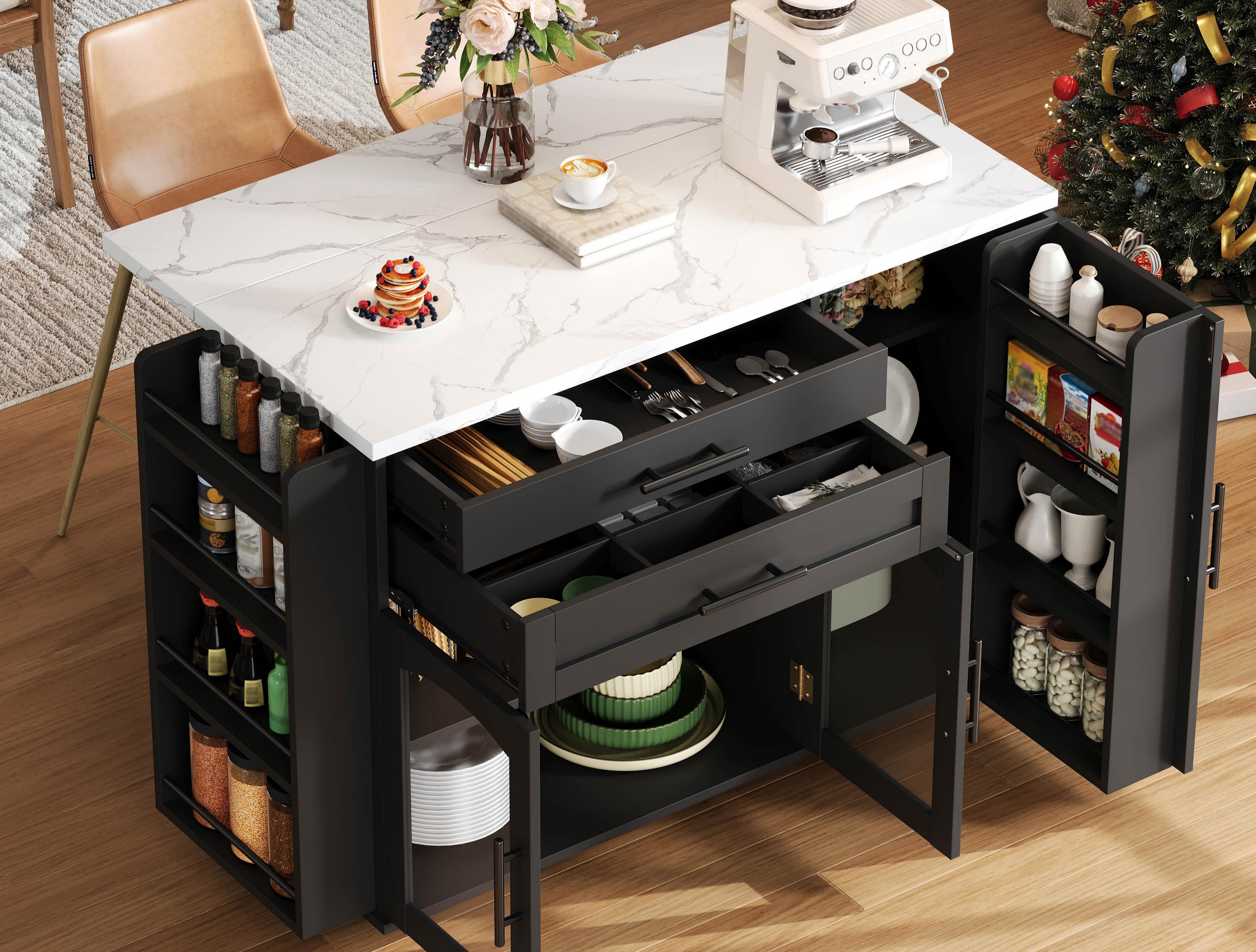 Isla de cocina móvil central - mesa de comedor plegable - con espacio de almacenamiento y estante para especias - con ruedas - negro