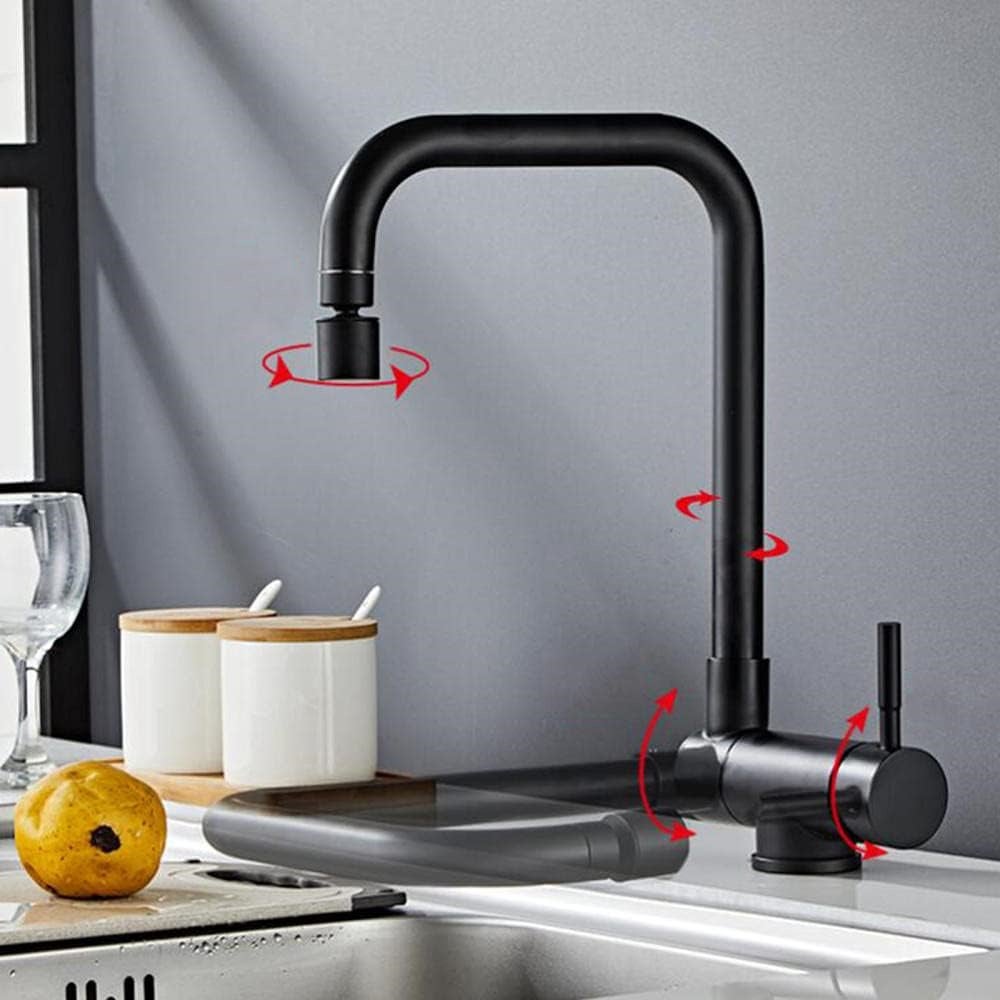 Rubinetti da cucina, rubinetto per lavello da cucina pieghevole, girevole, caldo e freddo, in acciaio inox, 2 modalità, monoforo, nero, G3/8 - 4