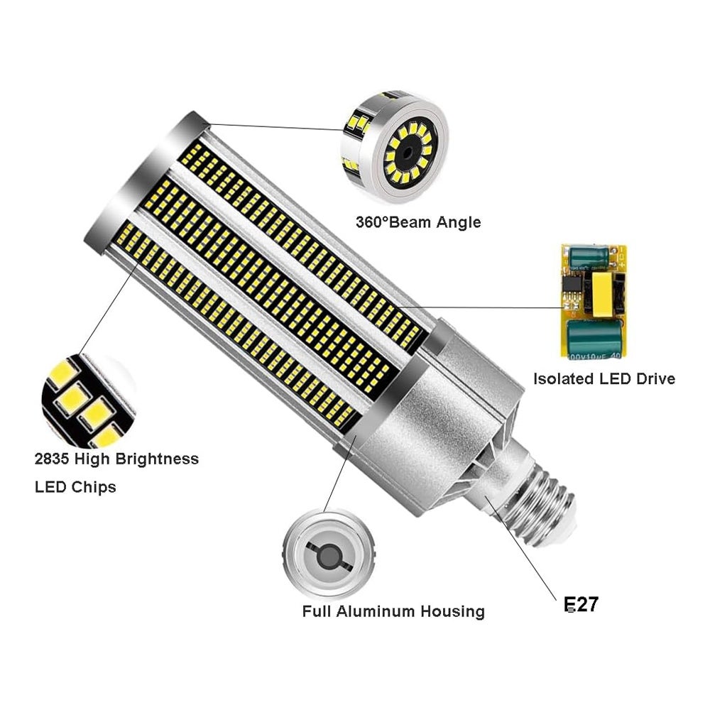 Żarówka LED E27 o mocy 50 W, ciepła, biała barwa światła 3000 K, 6000 lm, odpowiednik żarówki tradycyjnej o mocy 350 W, idealna do magazynów i warszt - 2