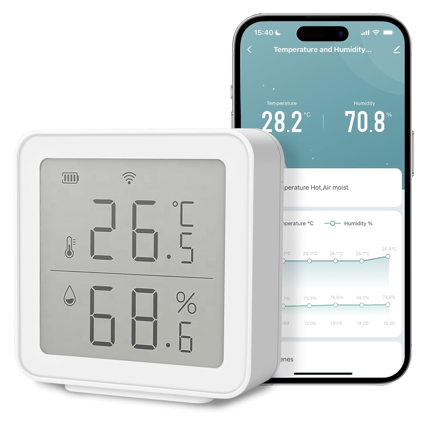 Termometr i higrometr z łącznością Wi-Fi, mały czujnik LCD, wilgotność i temperatura, Bluetooth, przechowywanie danych, sterowanie aplikacją, zdalny o