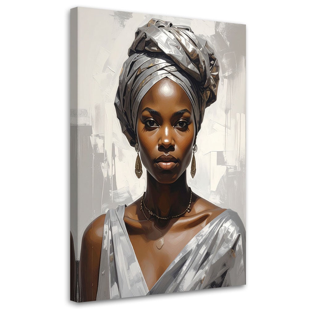 Obraz do salonu sypialni, Portret kobiety w srebrnym turbanie w stylu glamour 60x90