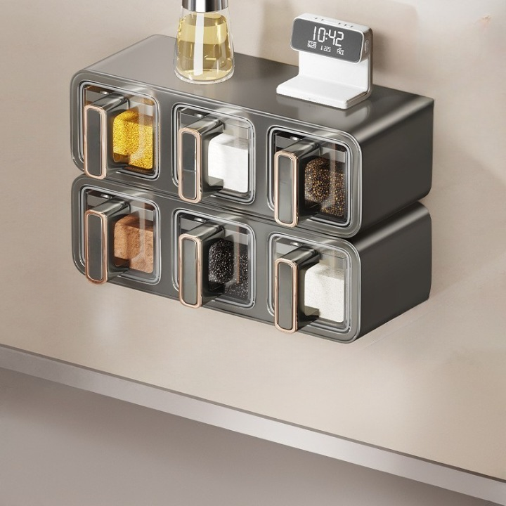 Pojemnik na przyprawy kuchenne, zestaw 6 słoików na przyprawy, montaż ścienny, bez wiercenia, do przechowywania soli i innych przypraw
