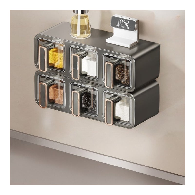Pojemnik na przyprawy kuchenne, zestaw 6 słoików na przyprawy, montaż ścienny, bez wiercenia, do przechowywania soli i innych przypraw