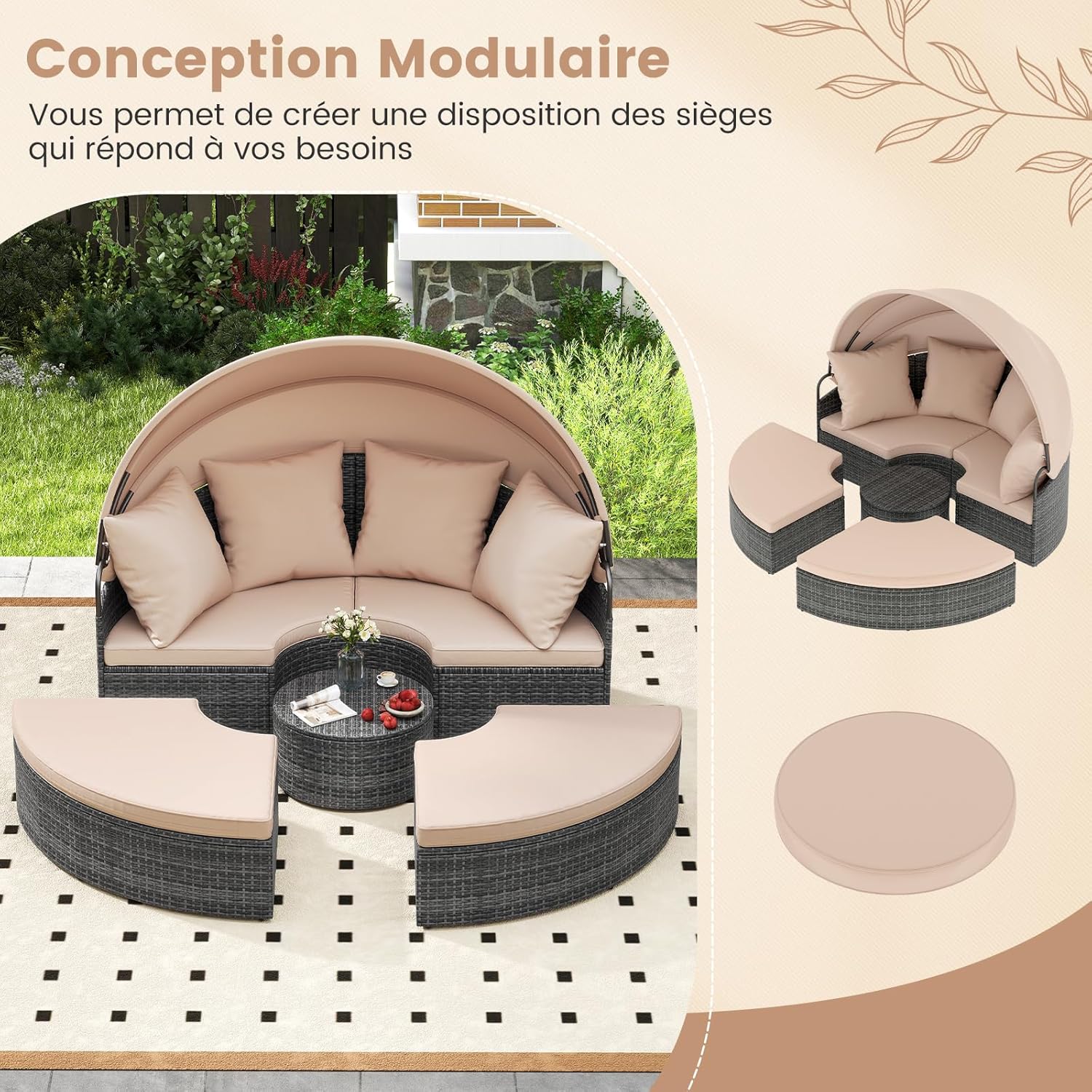 Lit Rond d'Extérieur avec Auvent Rétractable, Canapé d'Extérieur en Sections en Rotin PE avec Coussins, pour Jardin, Piscine, Beige - 7