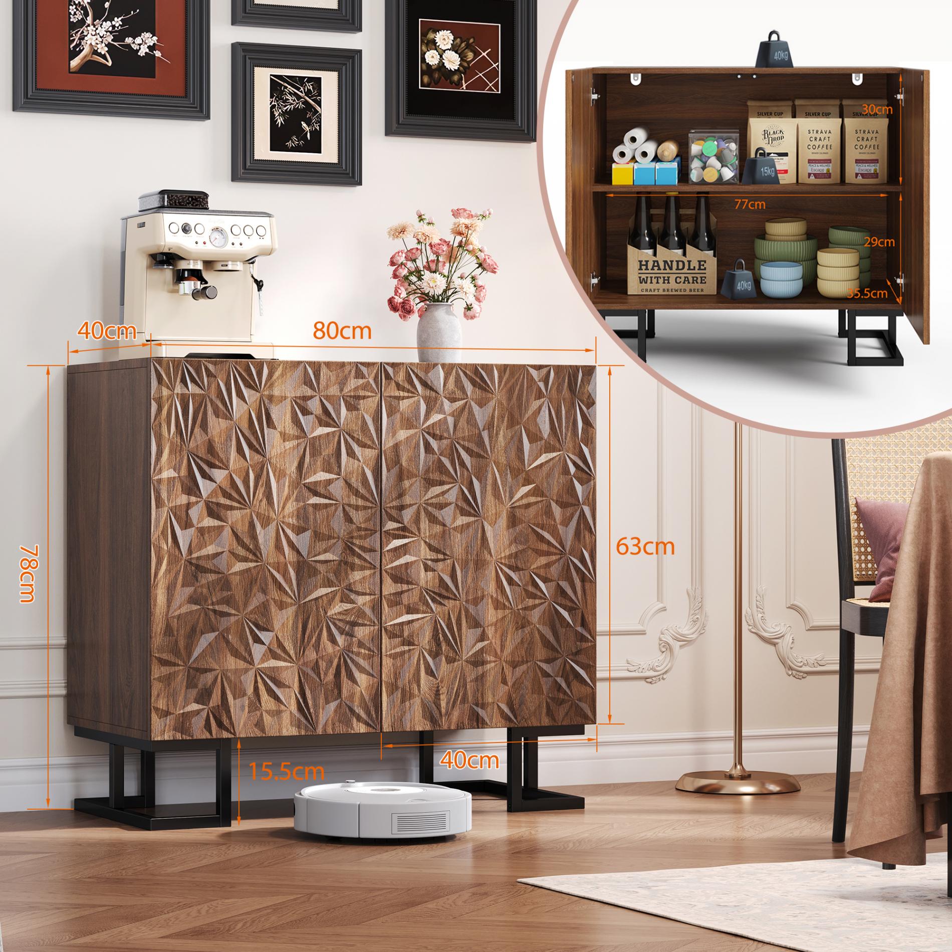 Credenza moderna 'Blattpoesie' 80x40x78 cm Noce scuro, gambe in metallo, rilievo delle ante, apertura a pressione - 9