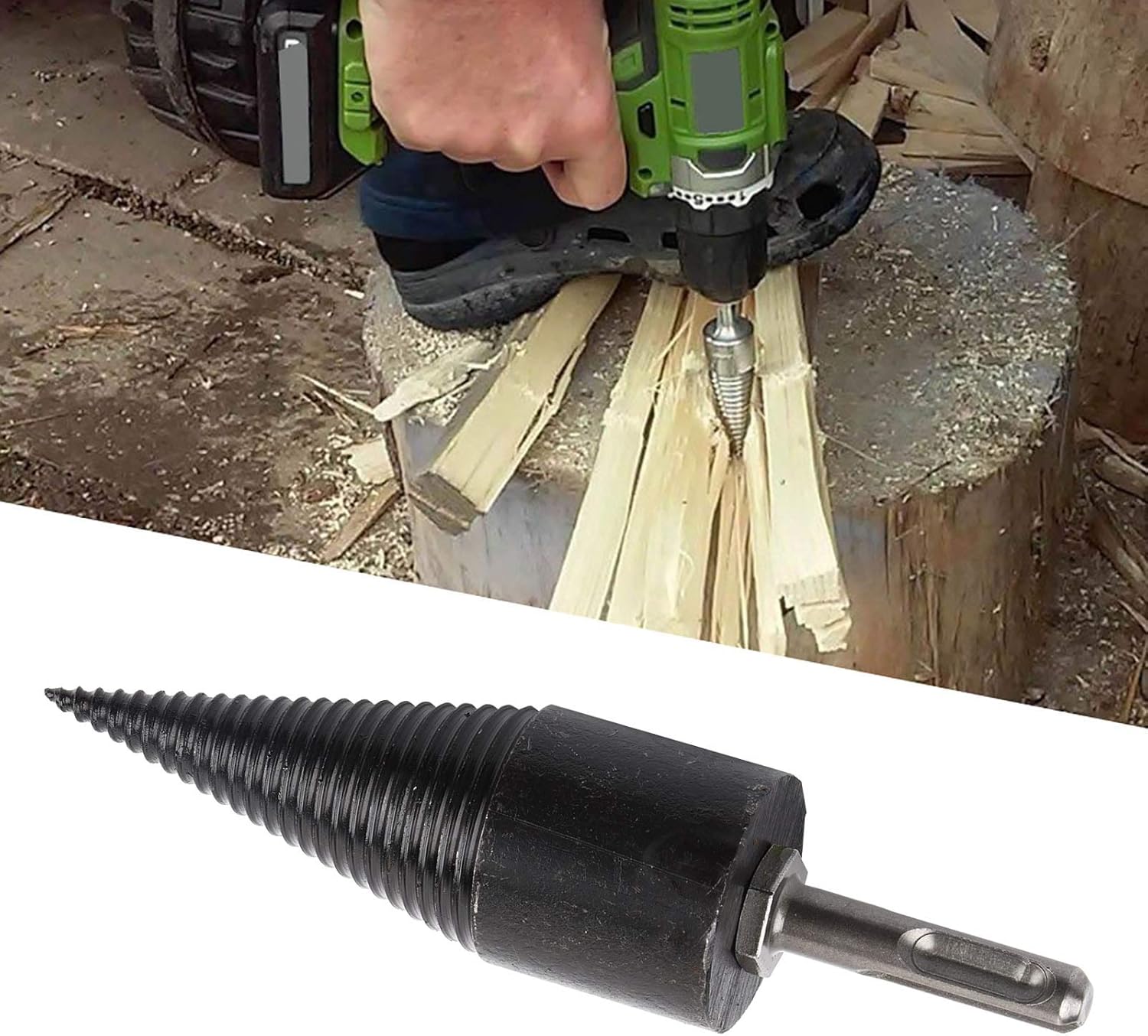 Kit De 2 Brocas Para Leña 45mm Y 32mm - Astilladora Eléctrica Para Troncos Con 4 Mangos Y Guantes - Divisor De Madera Para Camping Y Jardín