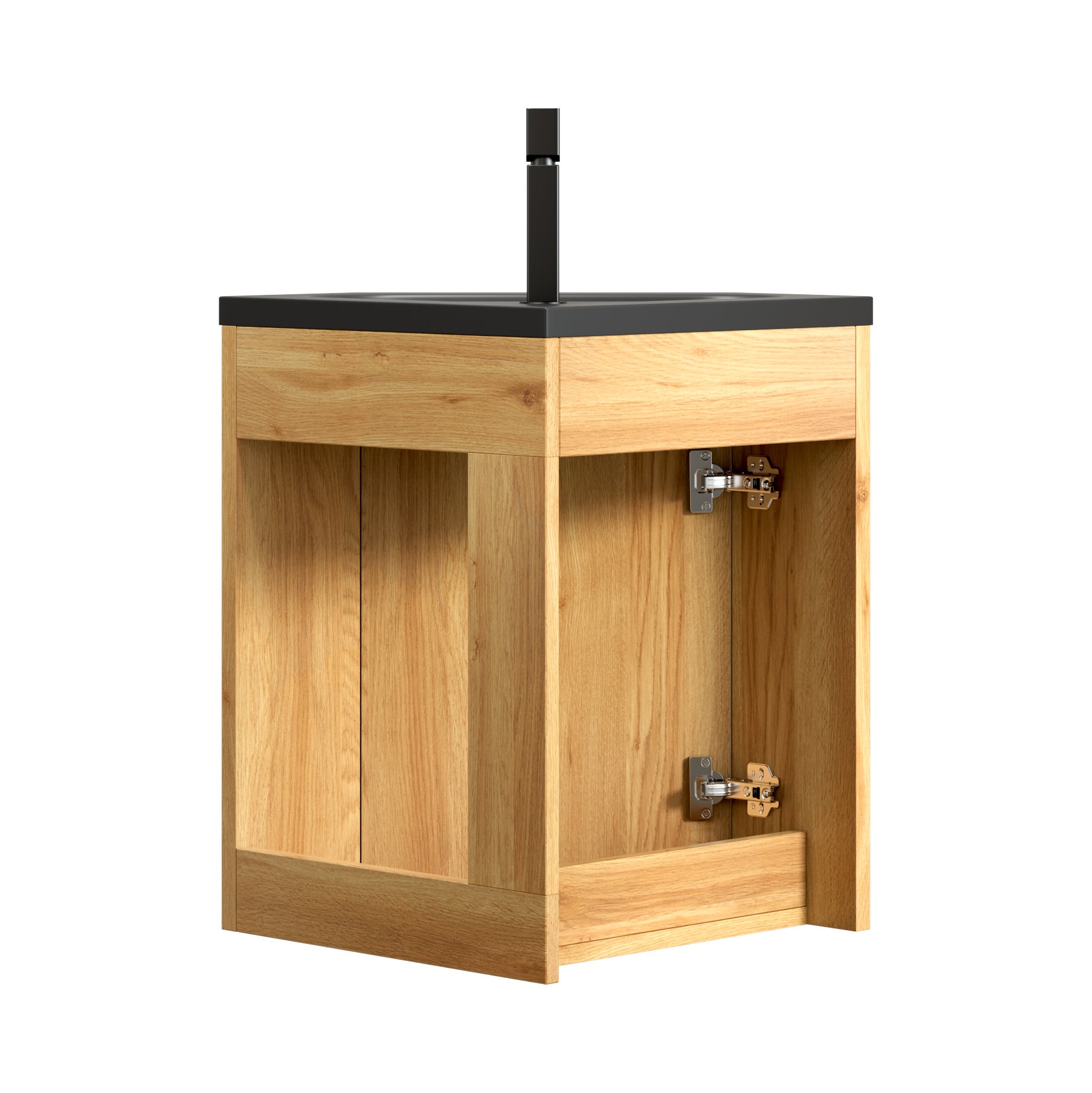 Meuble vasque d’angle suspendu 38 cm avec vasque intégrée en résine noire mate, armoire triangulaire à une porte, finition bois naturel - 9