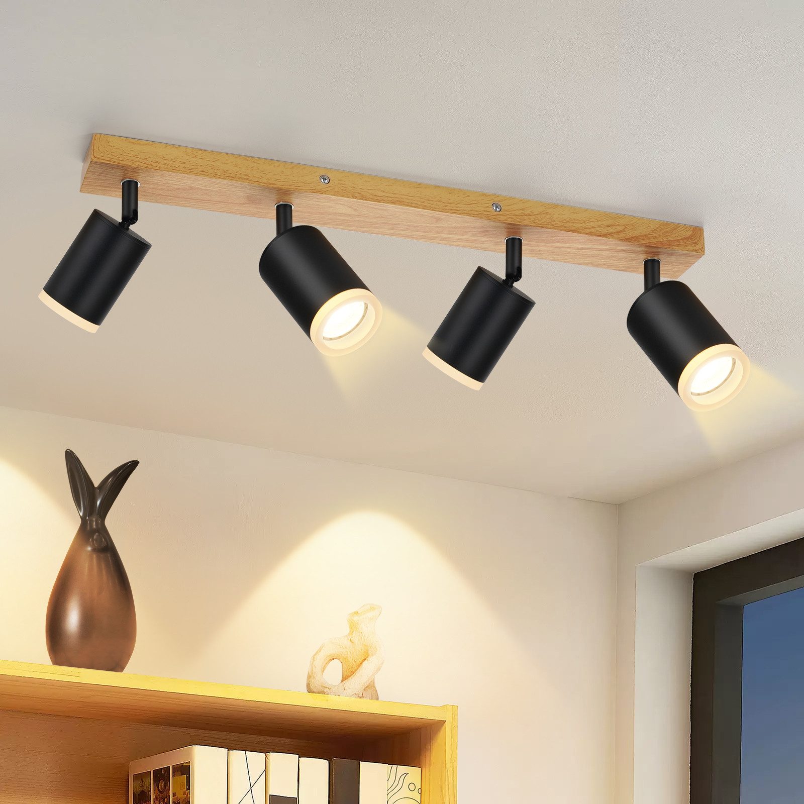 ZMH Lampa sufitowa LED z 4 żarówkami GU10, drewno-akryl, obrotowa 350°, do salonu