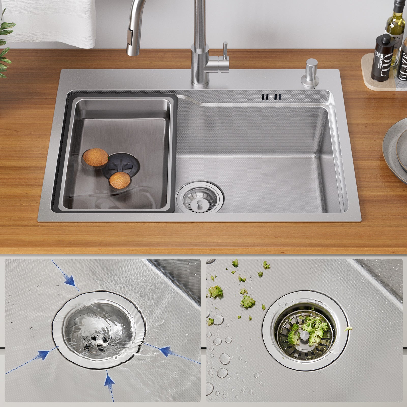 Auralum max 68×48x21CM Évier 1 Bac - Argent Évier Inox avec Vasque + Distributeur de Savon - Gaufrage de Surface + Nano Traitement - 5