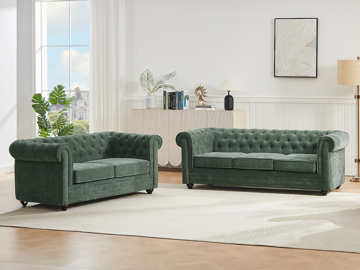 Kanapa 3-osobowa i 2-osobowa z zielonej tkaniny CHESTERFIELD
