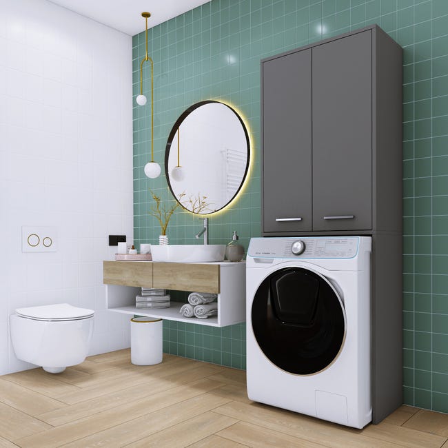 Armadietto Per Lavatrice In Legno - Grigio Cemento, 190x64x25.5 Cm - Con 2 Ante E 3 Ripiani - Foto 8