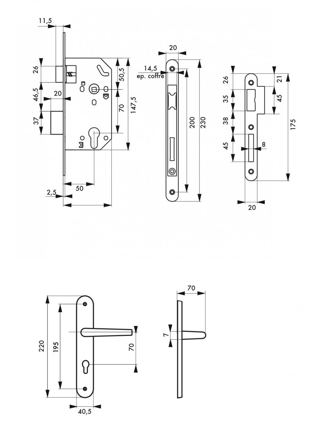 THIRARD - Garniture serrure encastrable Monomax NF à cylindre + ensemble poignées Thalia, axe 50mm, bouts ronds, 3 clés - THIRARD - 2
