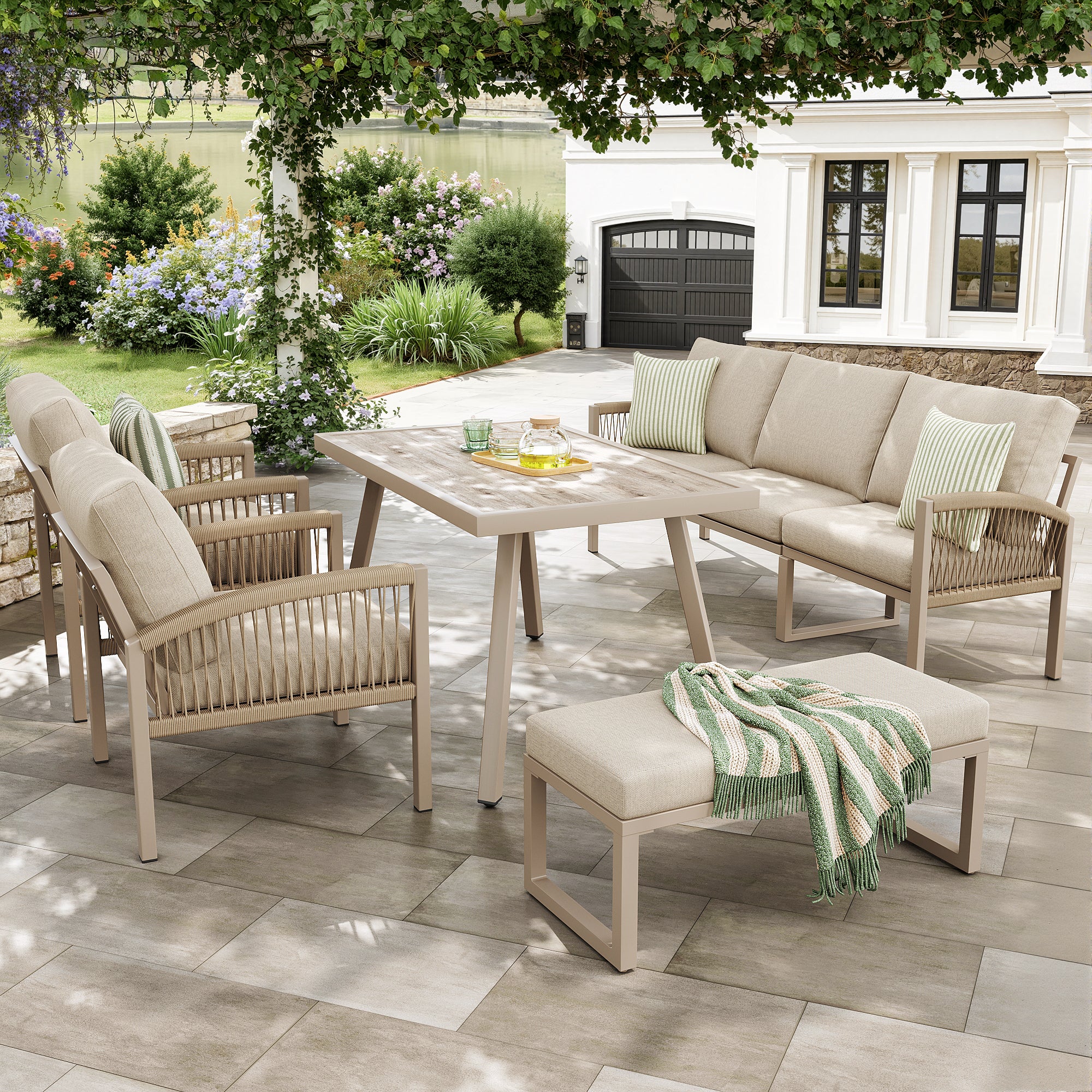 Sofá de jardín 7 plazas,Estructura de hierro resistente con cojines beige, Incluye mesa de cristal aspecto madera y 2 sillones, Conjunto para terraza - 3