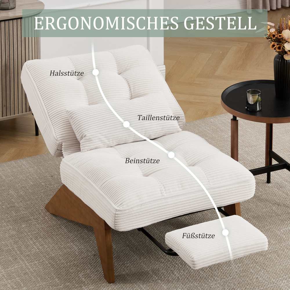 Fauteuil relax moderne en velours côtelé réglable avec repose-pieds, coussin lombaire et pieds en bois massif - 5