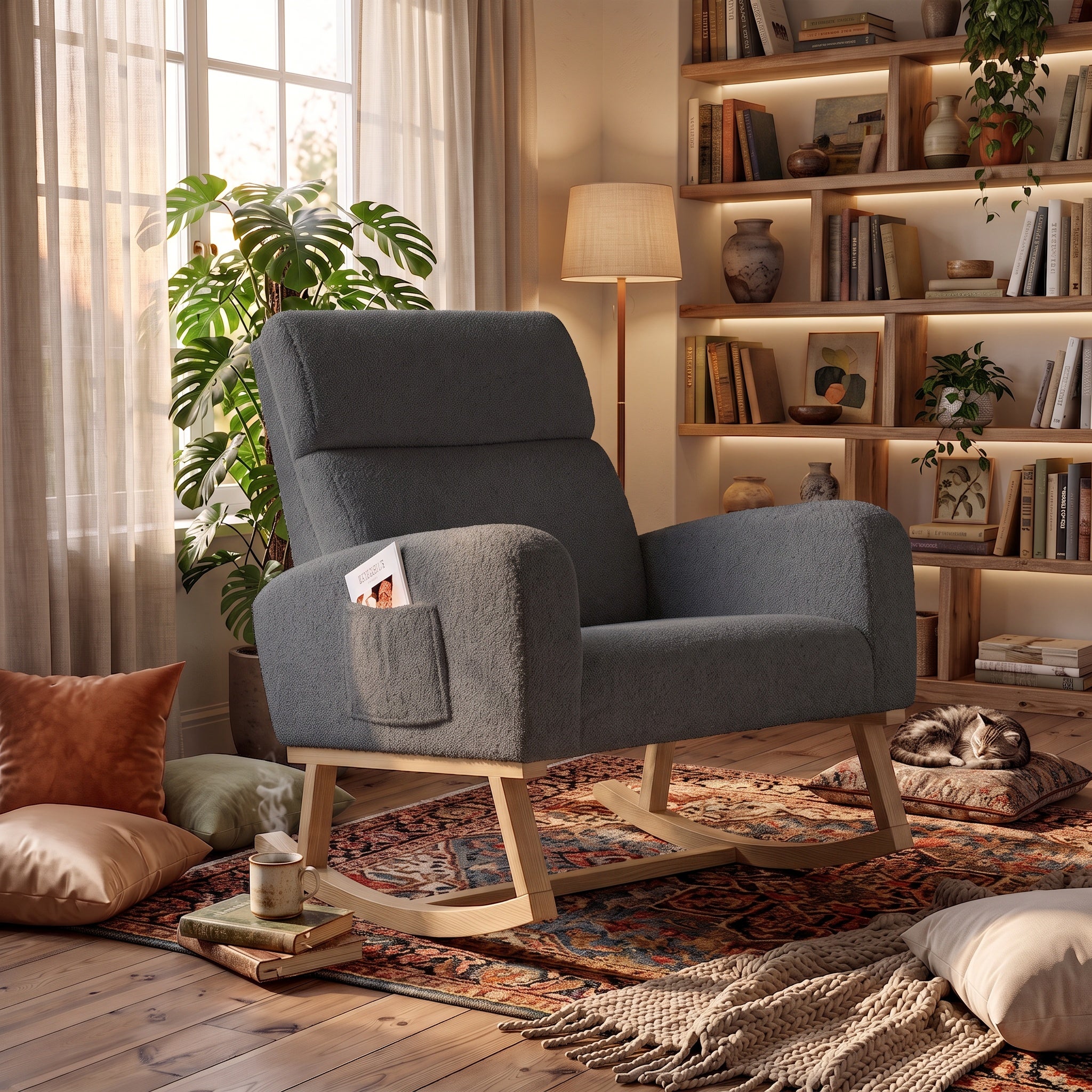 Fauteuil a Bascule, Chaise a Bascule Allaitement avec Poches Latérales et Base en Bois, Fauteuil Rocking Chair interieur extérieur pour Chambre, Gris - 4