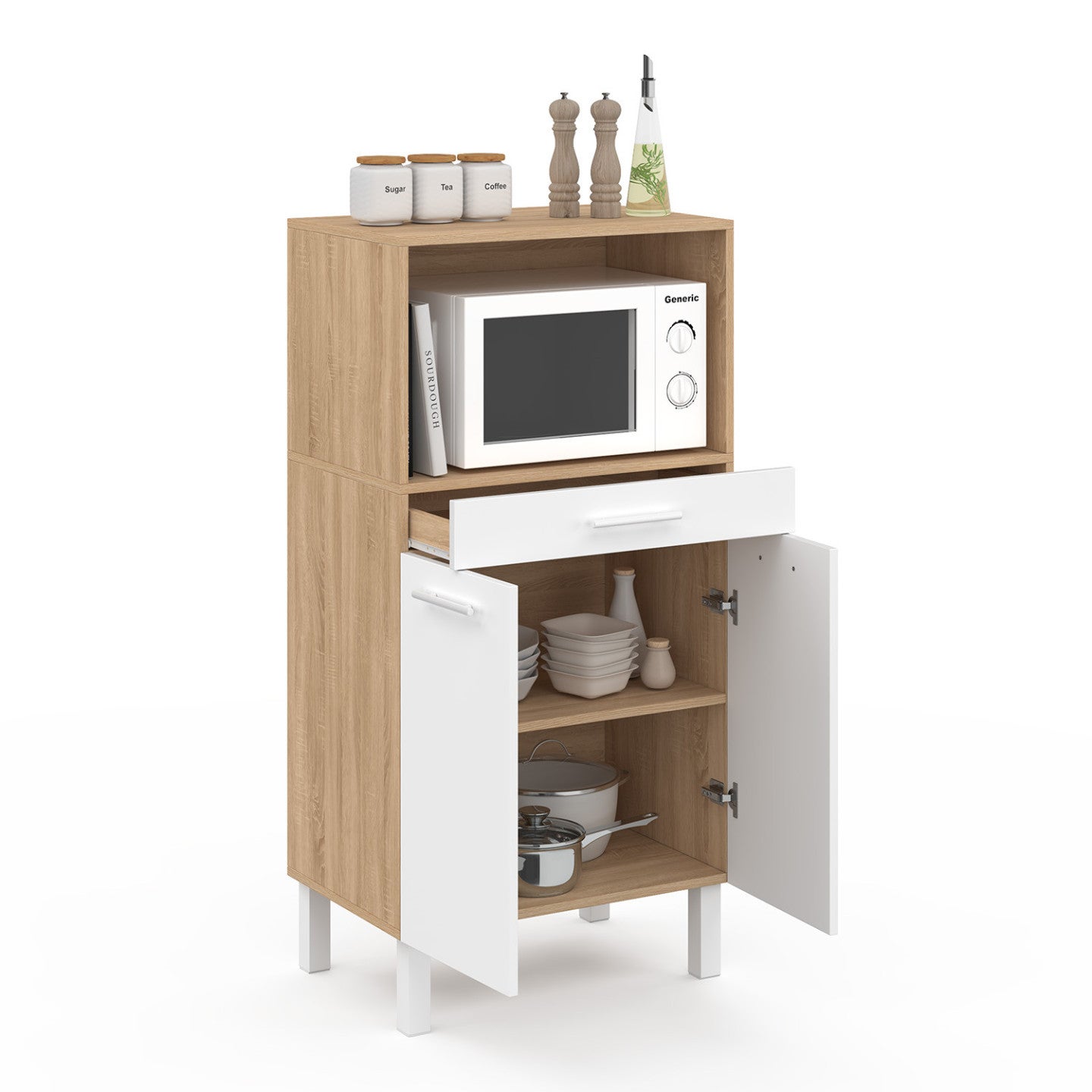 Buffet mi-haut de cuisine pour micro-onde 60 cm CINA 1 tiroir 2 portes façon hêtre et blanc - 4