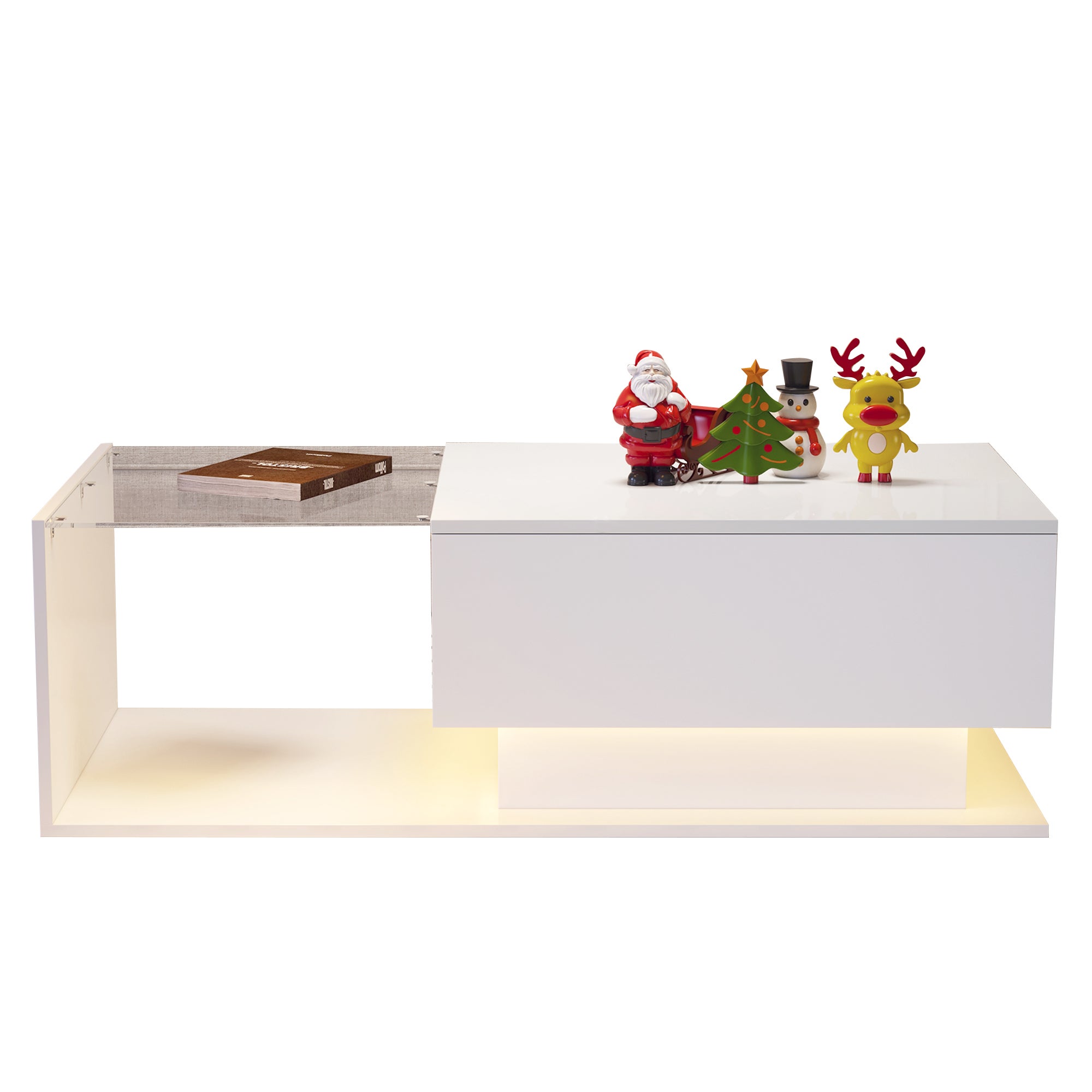 Table basse avec grand tiroir - 100x50x32 cm - LEDs - plateau en verre - Panneaux de particules - Blanc brillant - 3