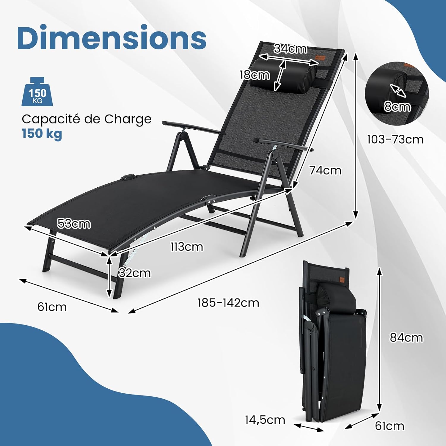 Chaise Longue Pliante avec Dossier Réglable à 7 Niveaux avec Accoudoir et Repose-tête-Transat Jardin Charge 150 KG Noir - 2