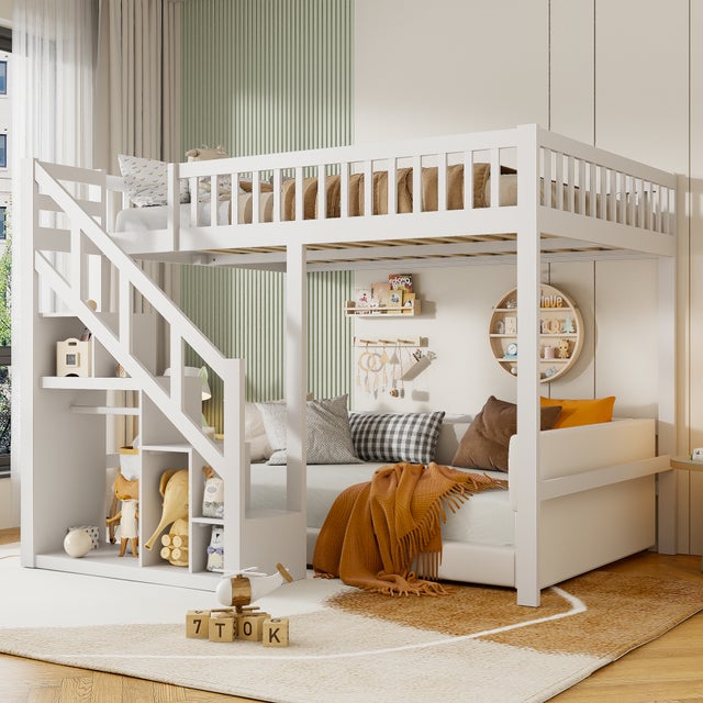 Lit Mezzanine 90 x 200 cm, Multifonction Lit Enfant avec Espace de Rangement Escalier, Blanc