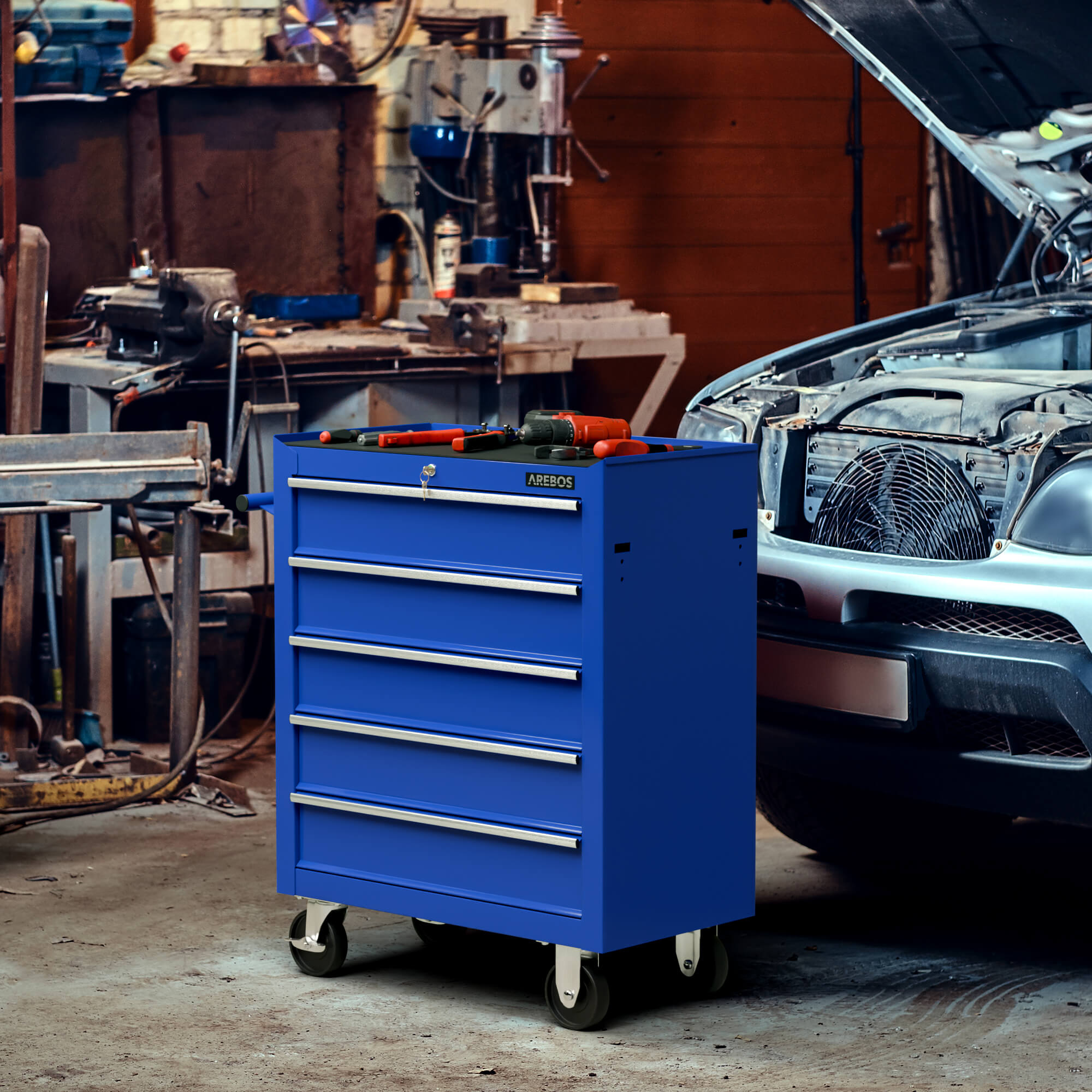AREBOS Chariot à outils avec 5 tiroirs | Acier robuste et résistant aux rayures Glissières à billes, tapis antidérapants - 8