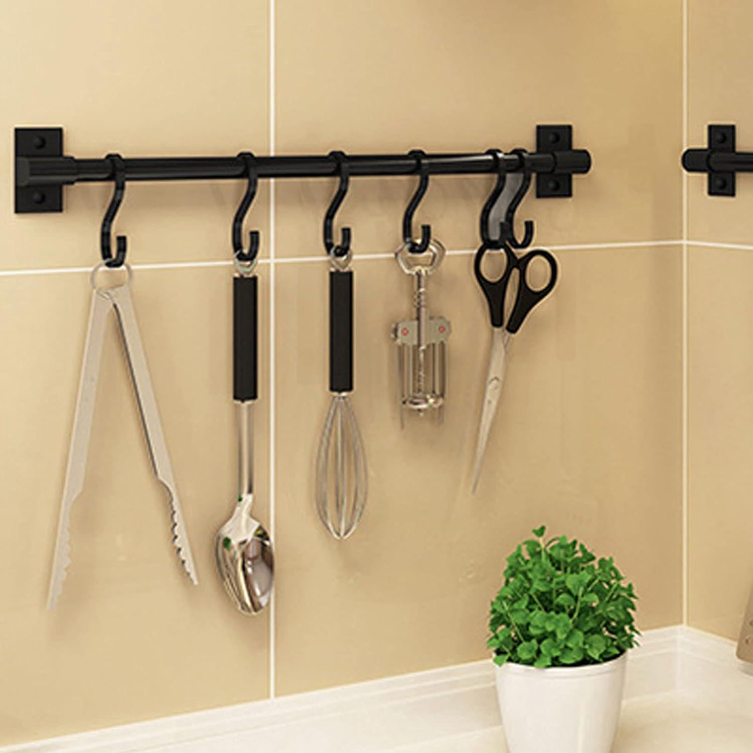 Czarny aluminiowy reling kuchenny z 8 haczykami - Do kuchni - Reling kuchenny - Wieszak na przybory kuchenne - Wiszący uchwyt