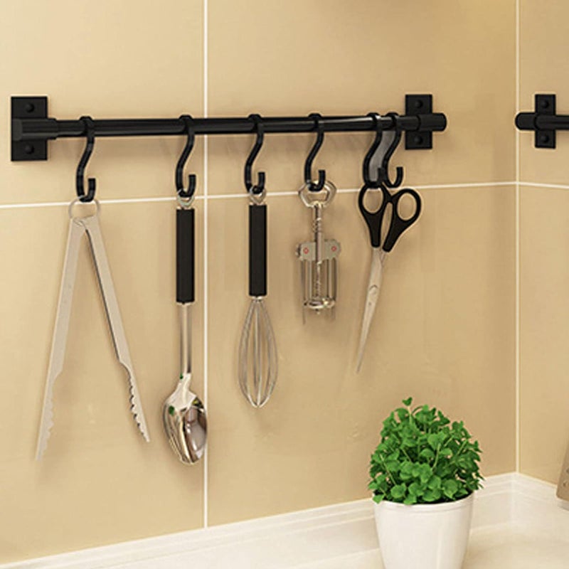 Czarny aluminiowy reling kuchenny z 8 haczykami - Do kuchni - Reling kuchenny - Wieszak na przybory kuchenne - Wiszący uchwyt